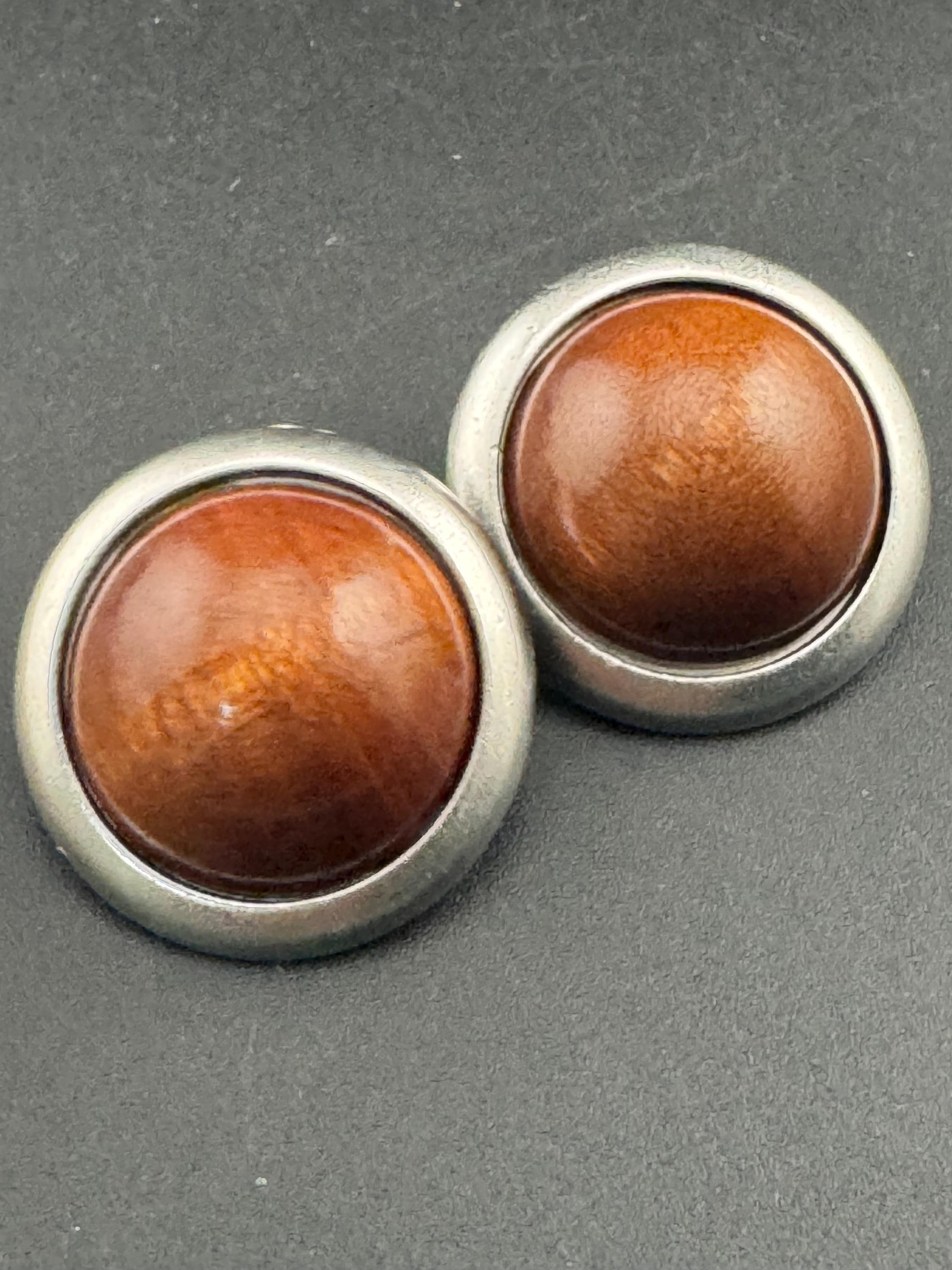 Signed YSL brown wood domed Clip On Earrings: 4cm silver by yves Saint Laurent