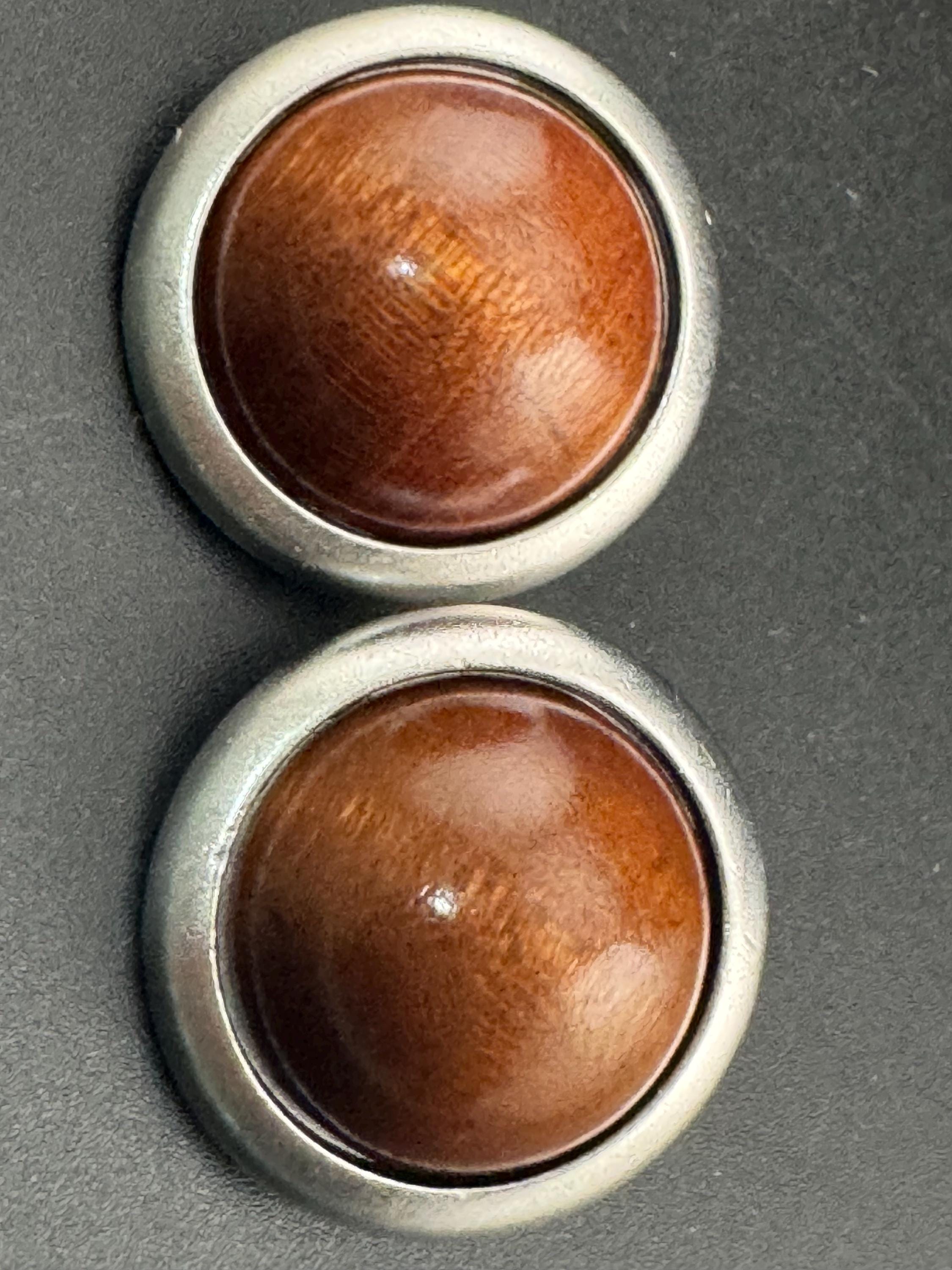 Signed YSL brown wood domed Clip On Earrings: 4cm silver by yves Saint Laurent