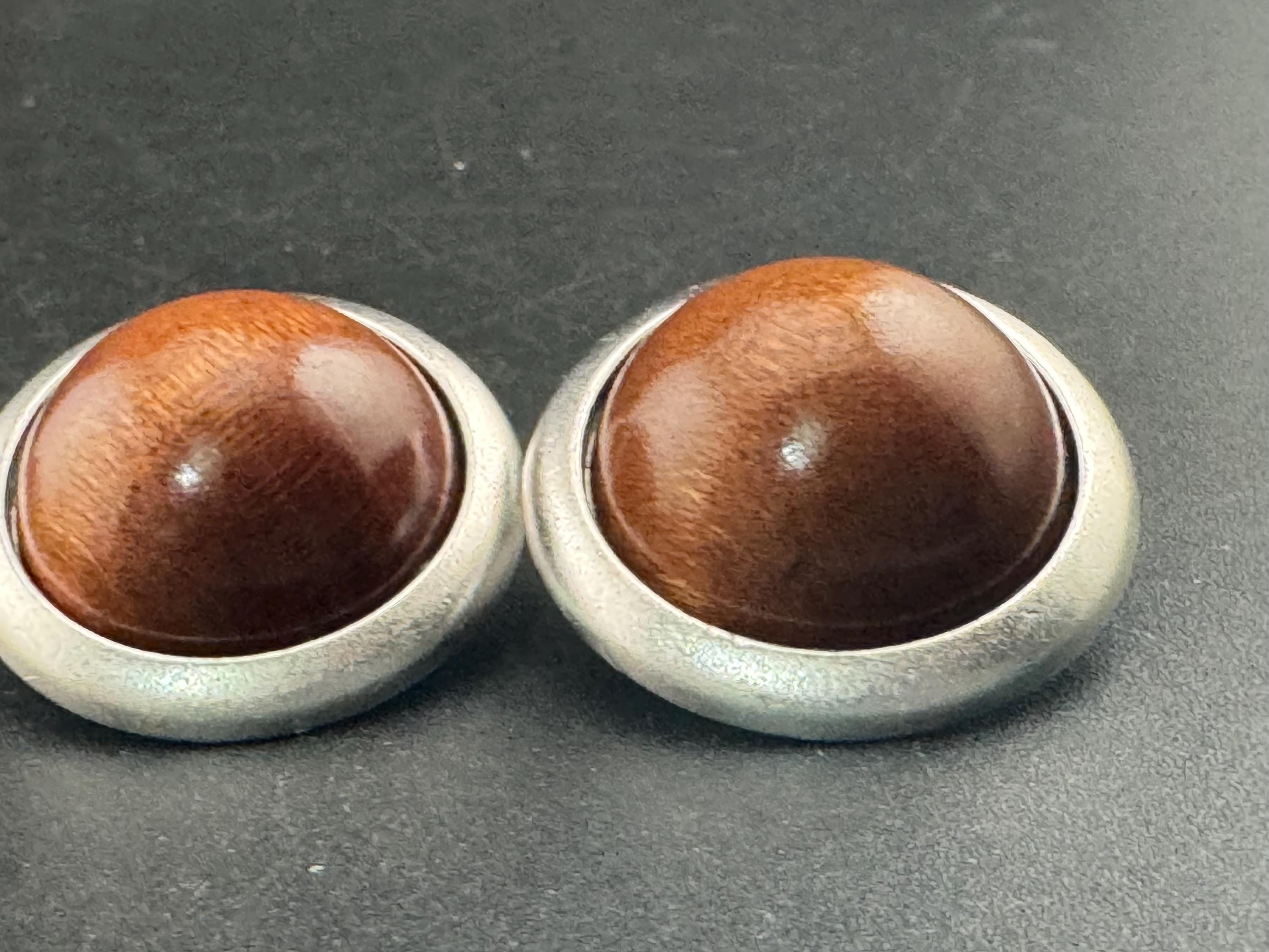Signed YSL brown wood domed Clip On Earrings: 4cm silver by yves Saint Laurent