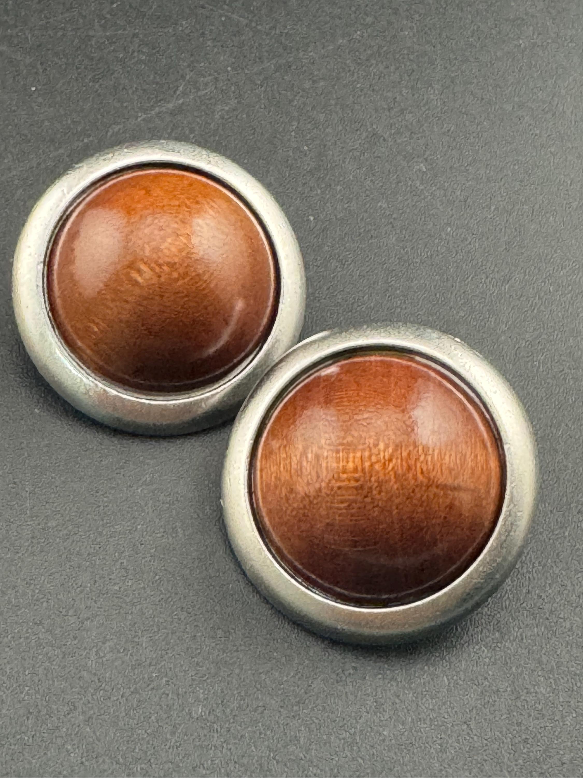 Signed YSL brown wood domed Clip On Earrings: 4cm silver by yves Saint Laurent