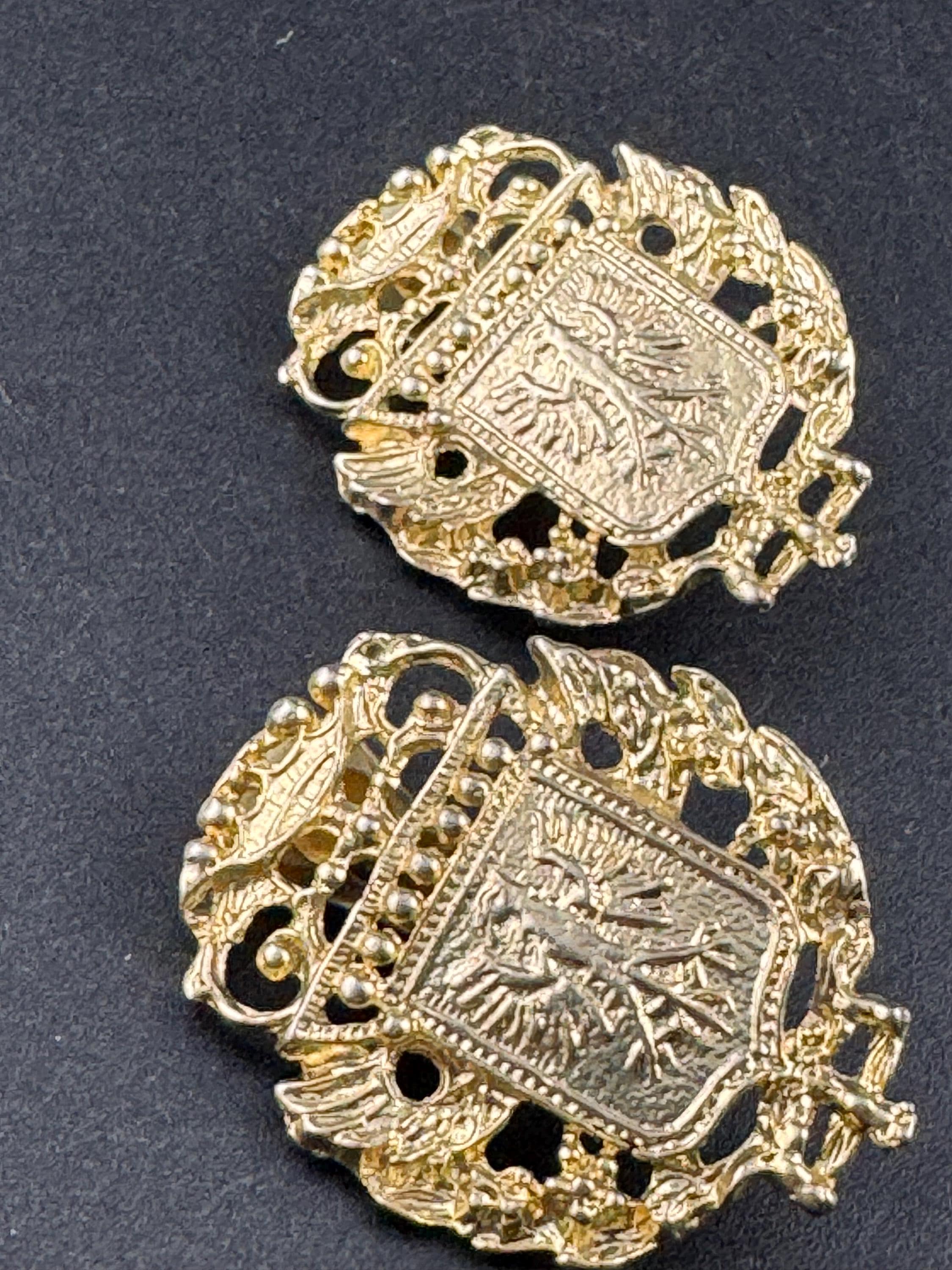 Vintage shield crested eagle clip on earrings, oversized gold tone