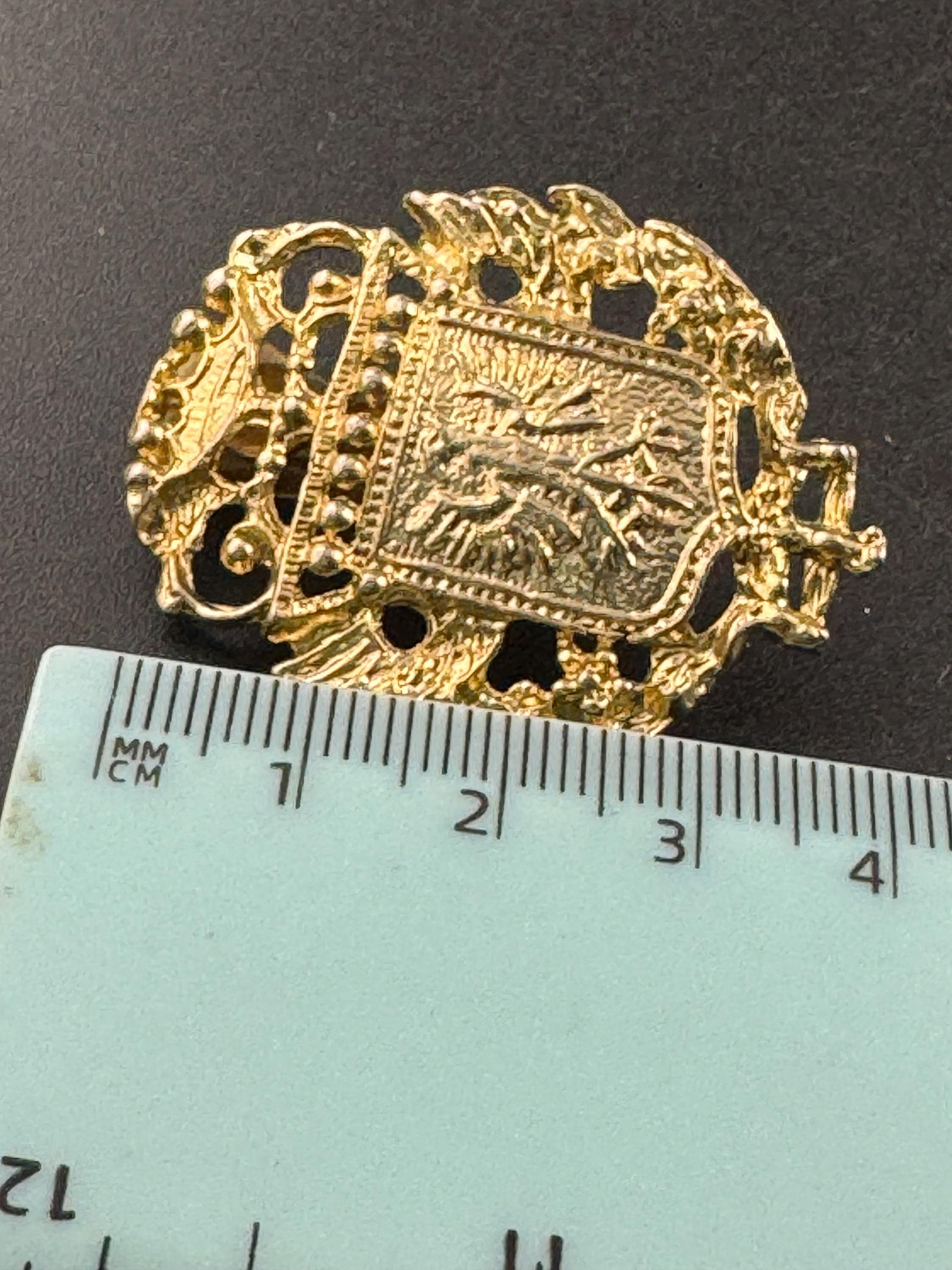 Vintage shield crested eagle clip on earrings, oversized gold tone