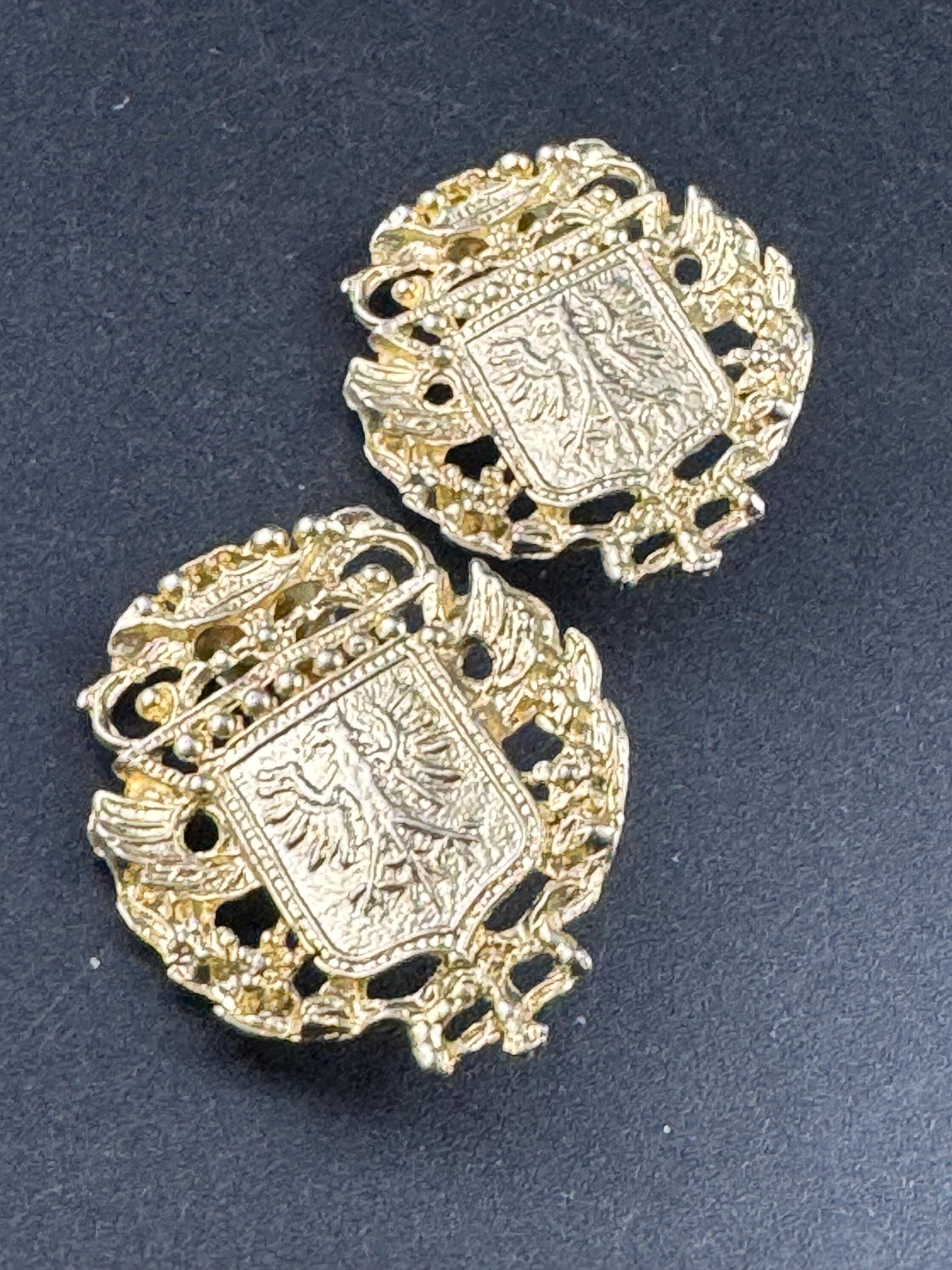 Vintage shield crested eagle clip on earrings, oversized gold tone
