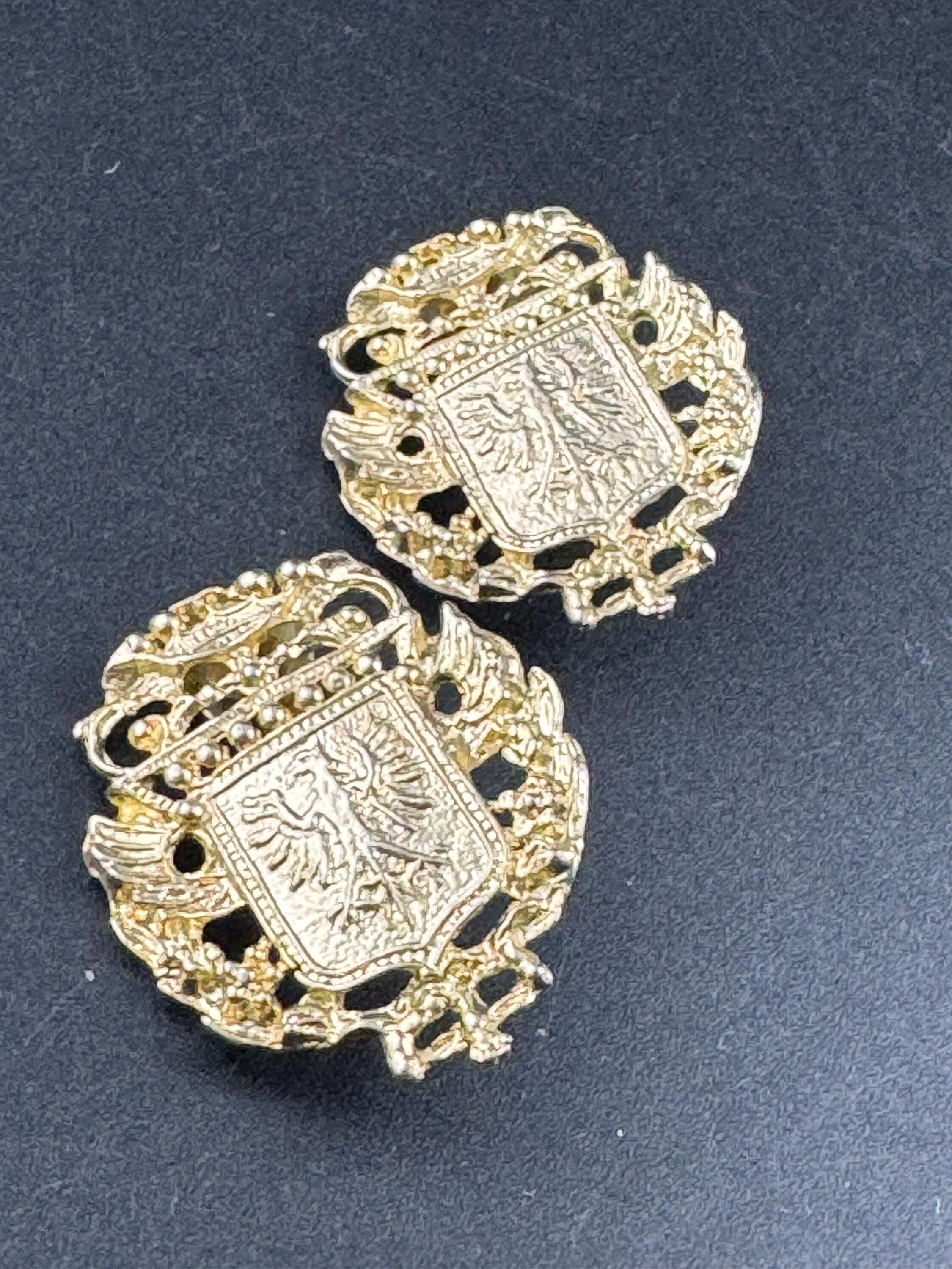 Vintage shield crested eagle clip on earrings, oversized gold tone