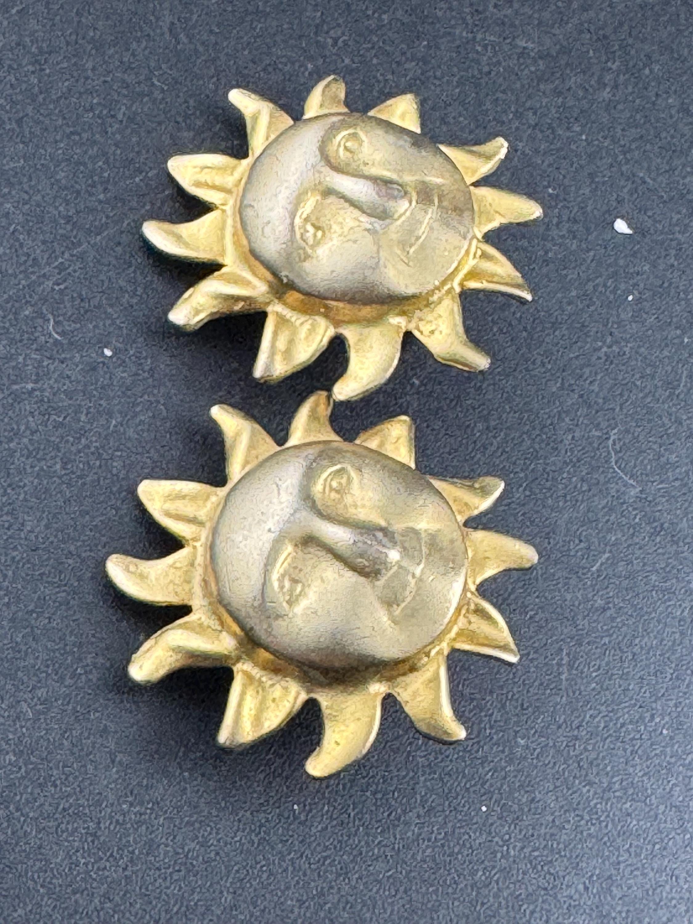 Matte Gold Tone sun face Clip On Earrings: studs