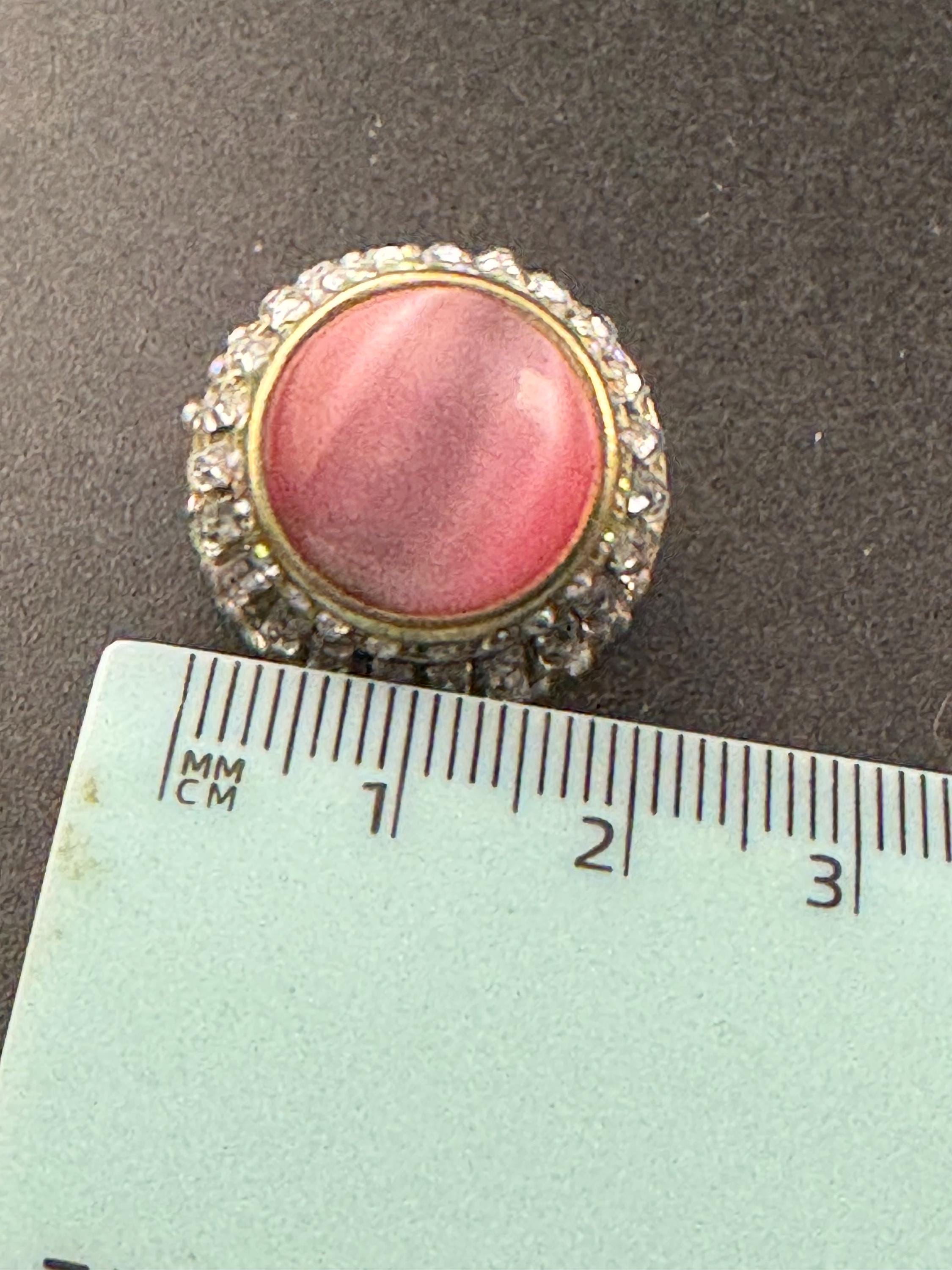 Pink glass cabochon, baguette crystal domed stud earrings, pierced ears