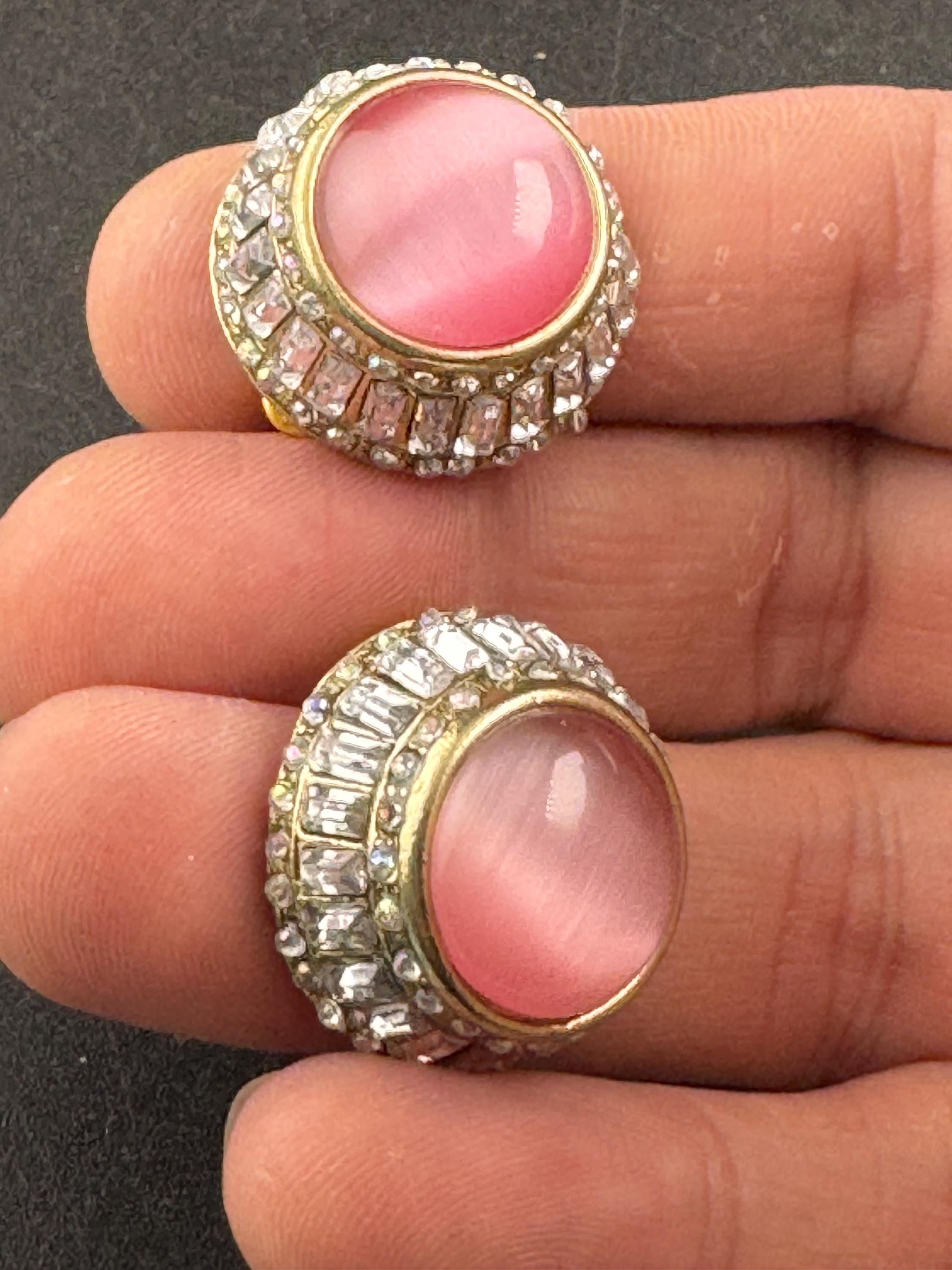 Pink glass cabochon, baguette crystal domed stud earrings, pierced ears