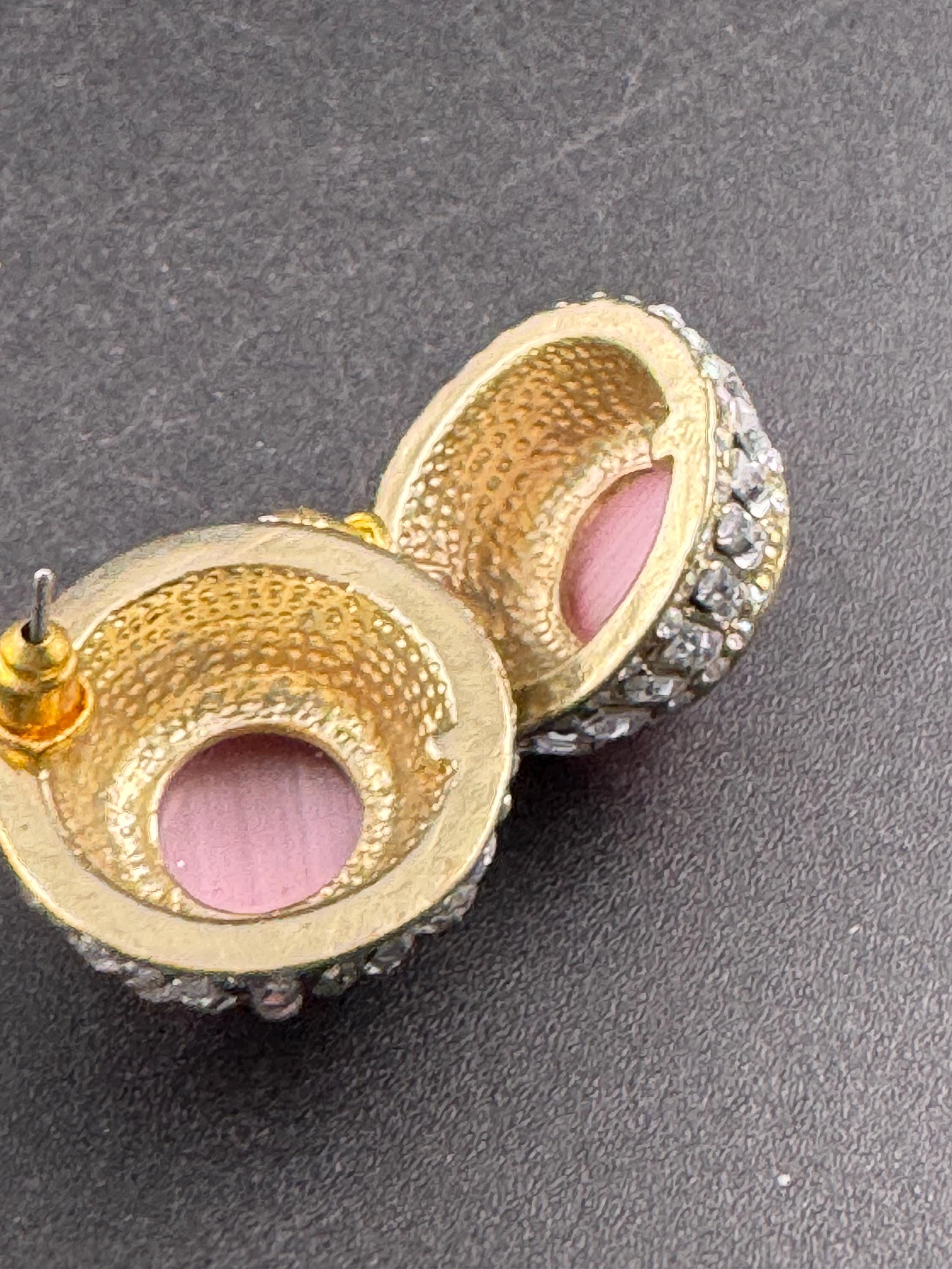 Pink glass cabochon, baguette crystal domed stud earrings, pierced ears