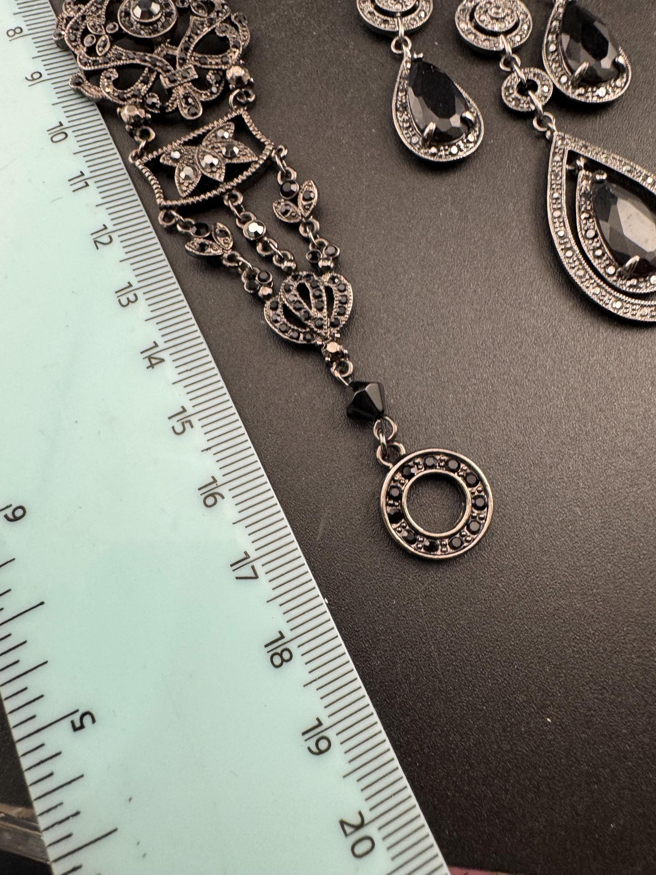 Signed MONET black diamante rhinestone drop necklace, earrings and bracelet: gothic jewellery set