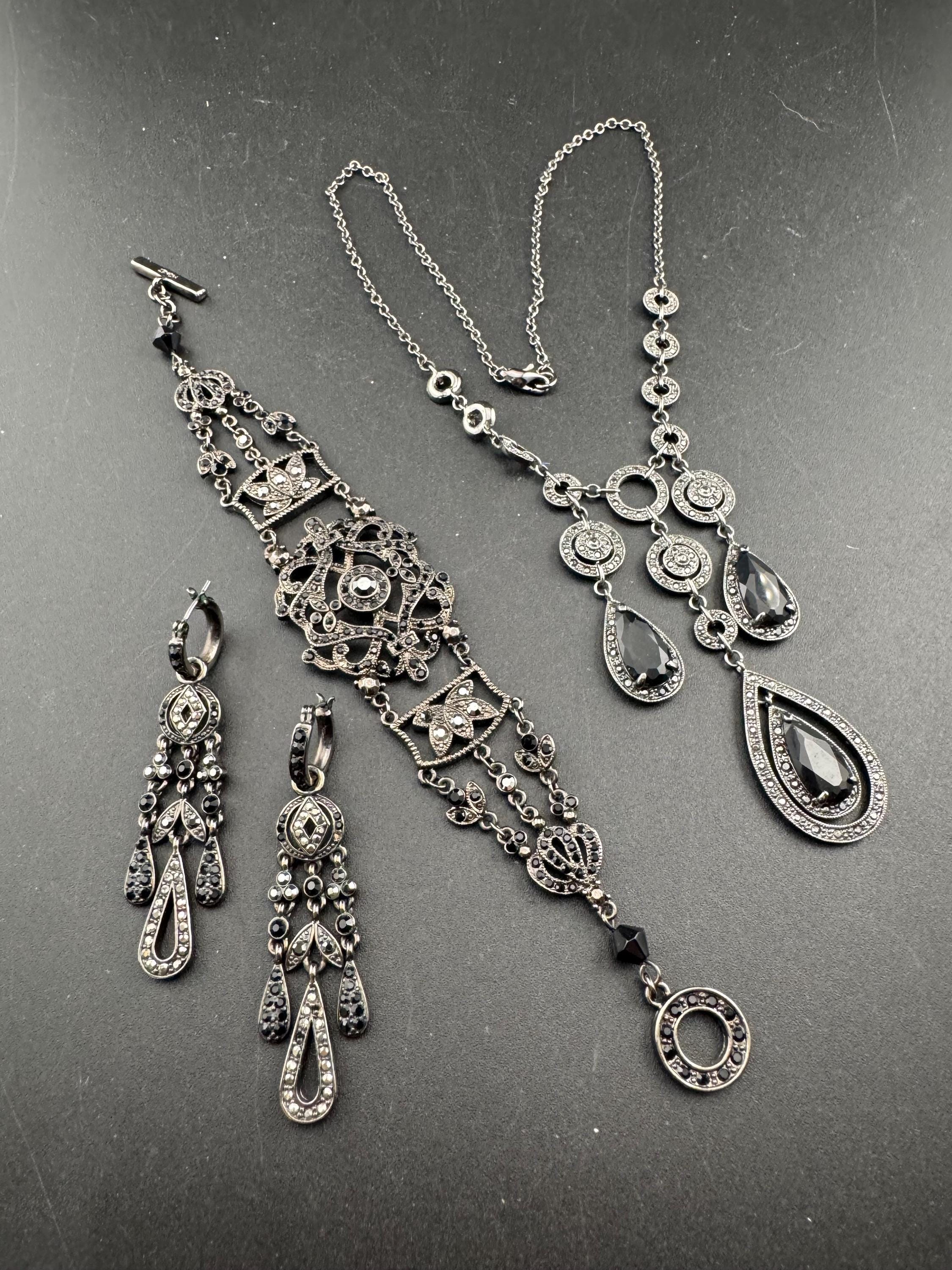 Signed MONET black diamante rhinestone drop necklace, earrings and bracelet: gothic jewellery set