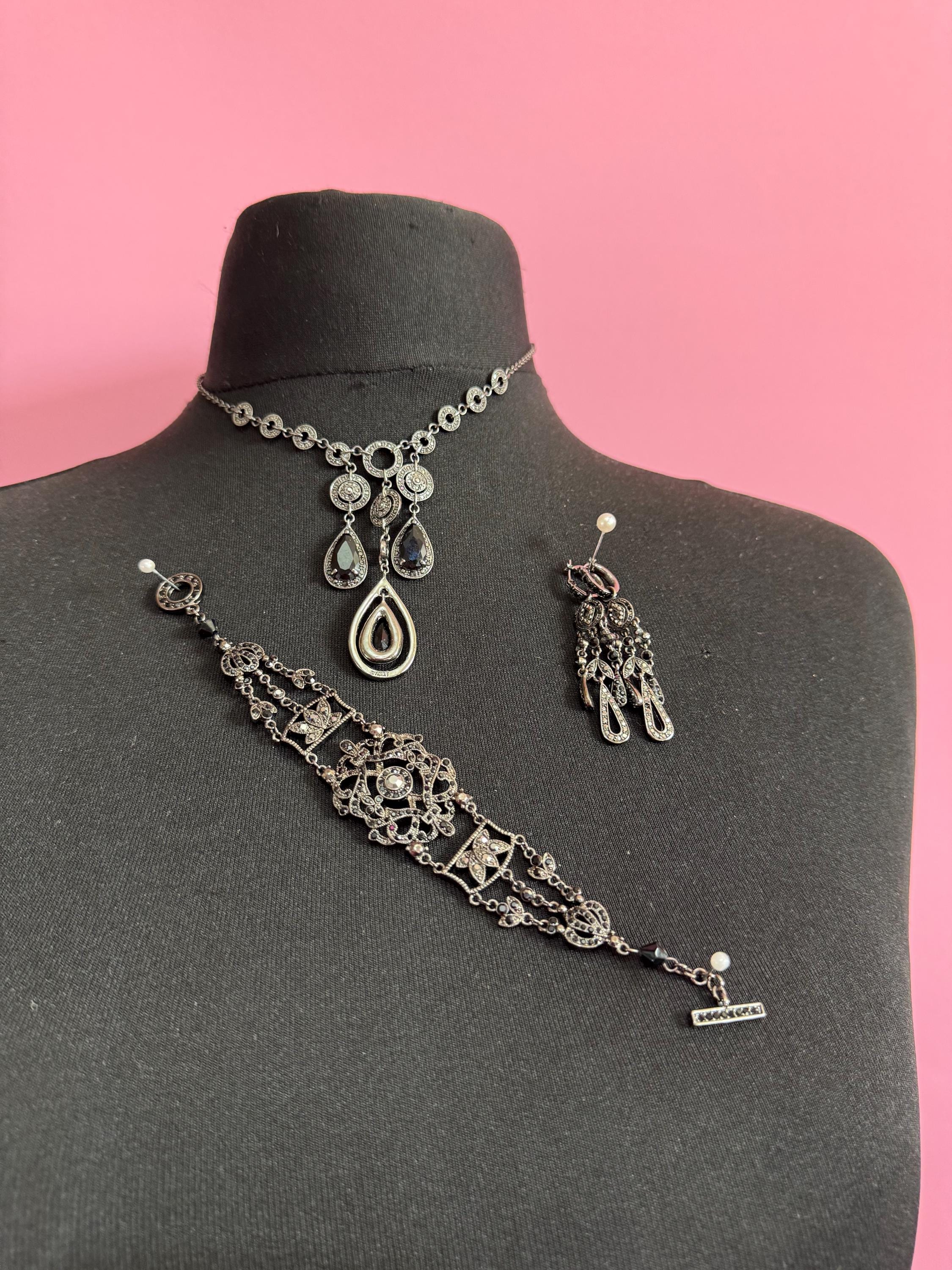 Signed MONET black diamante rhinestone drop necklace, earrings and bracelet: gothic jewellery set