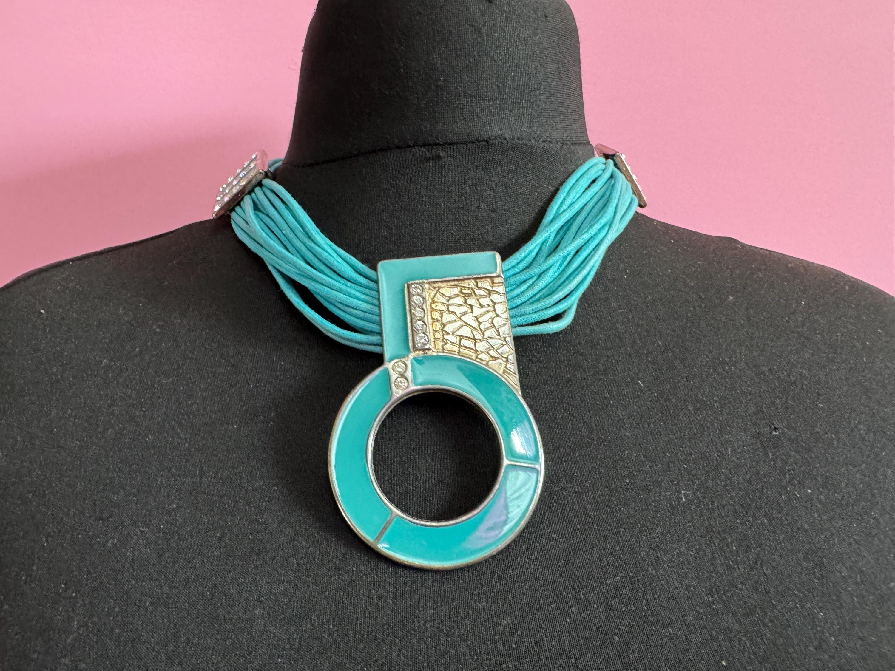 Signed Rita Fracione turquoise blue  enamel statement Choker necklace , sikver tone,  Italian designer