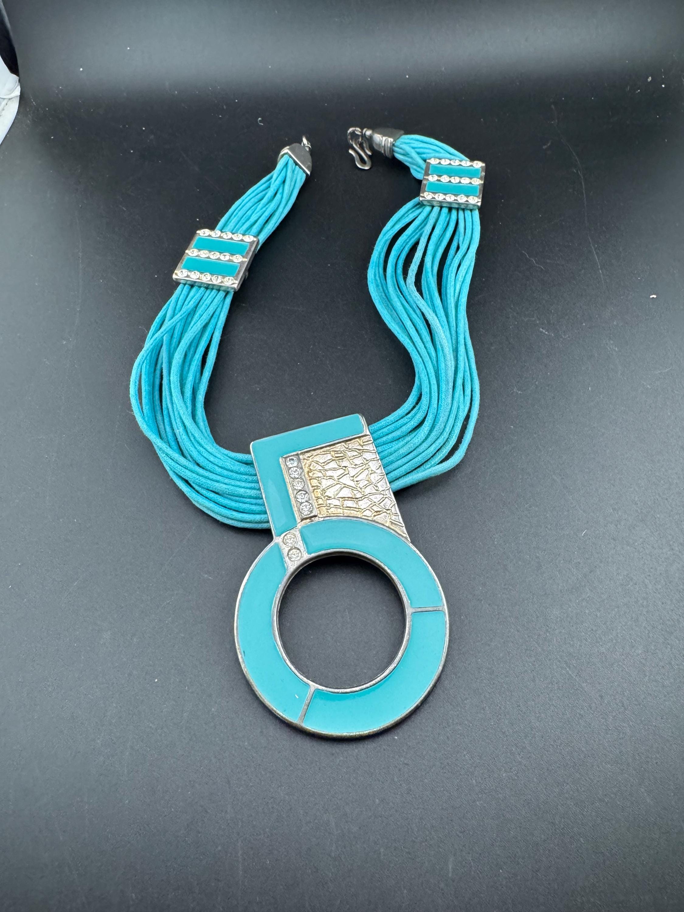 Signed Rita Fracione turquoise blue  enamel statement Choker necklace , sikver tone,  Italian designer