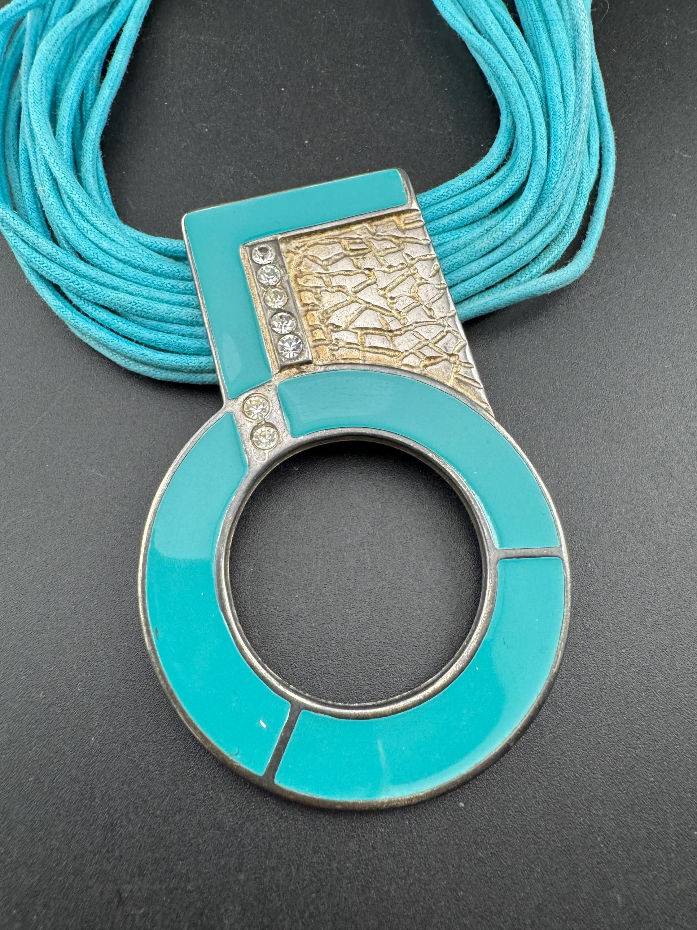 Signed Rita Fracione turquoise blue  enamel statement Choker necklace , sikver tone,  Italian designer