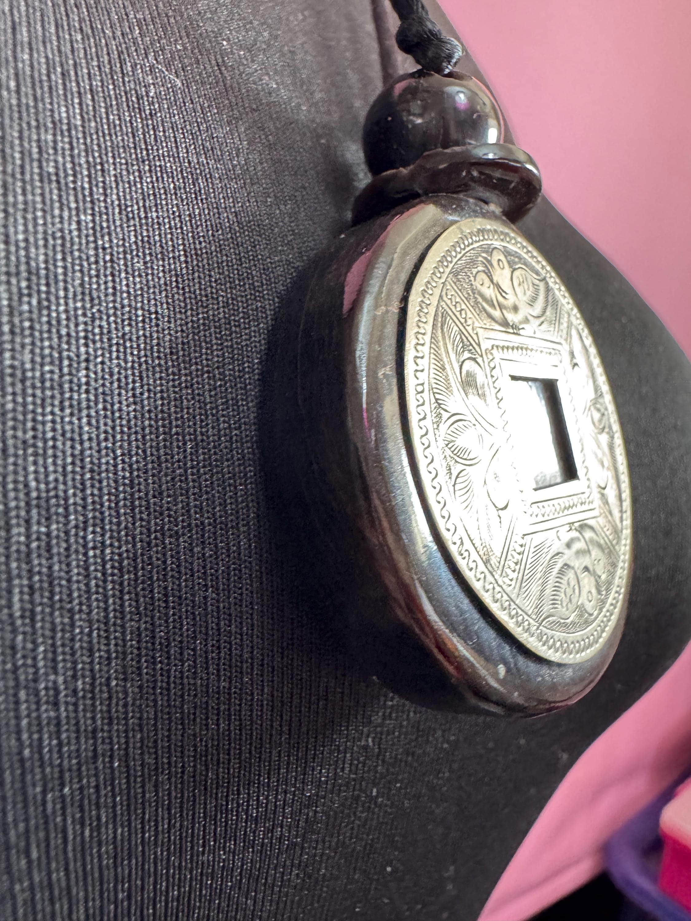 John Michelle Richardson Chinese oversized coin pendant necklace , etched silver vintage