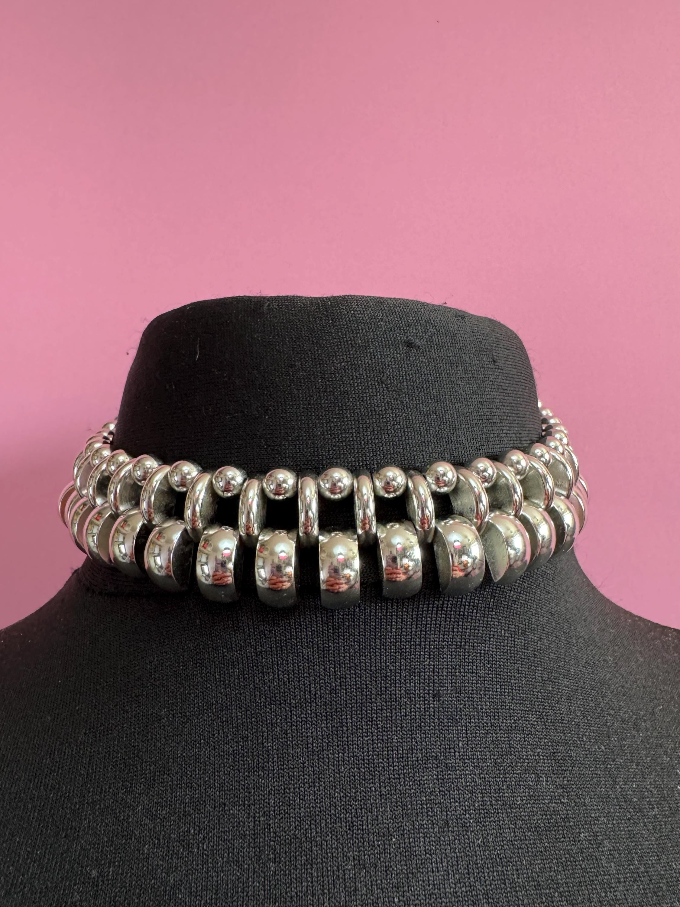 Vintage de Farre machine age silver tone collar necklace, Art Deco architectural style