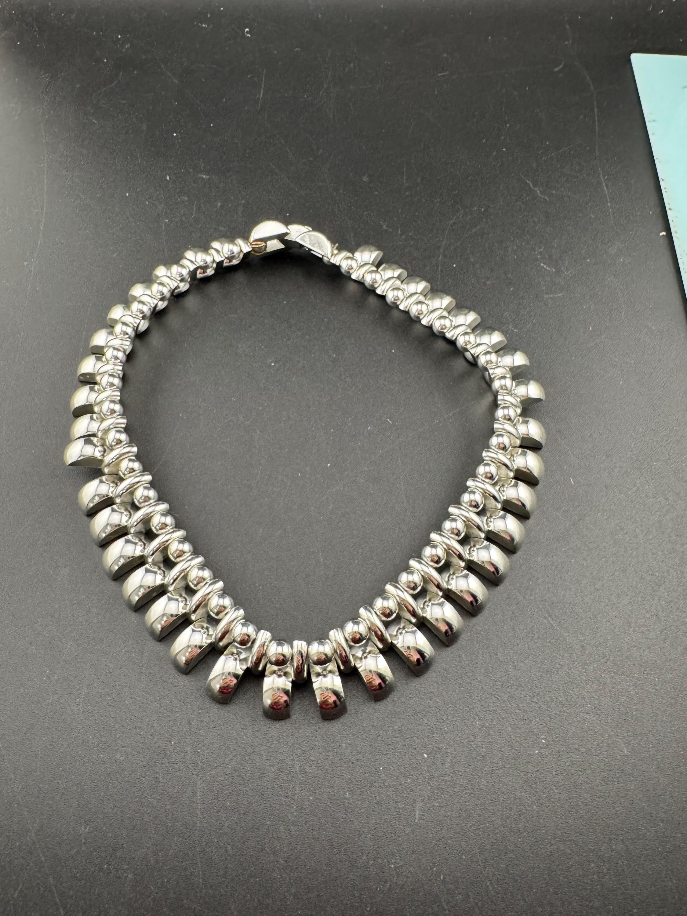 Vintage de Farre machine age silver tone collar necklace, Art Deco architectural style