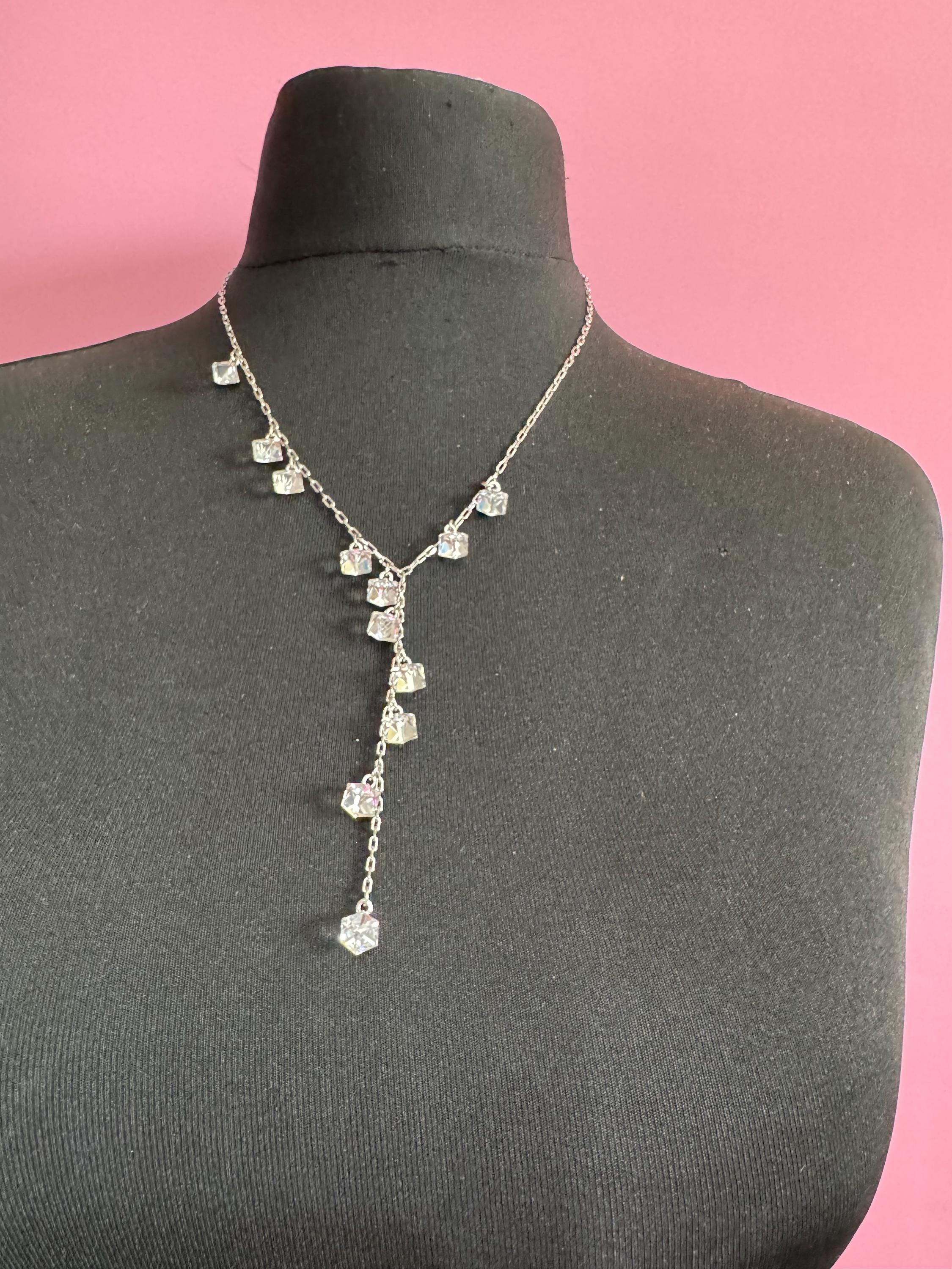 Signed swan Swarovski long rhodium plated crystal cube lariat drop necklace
