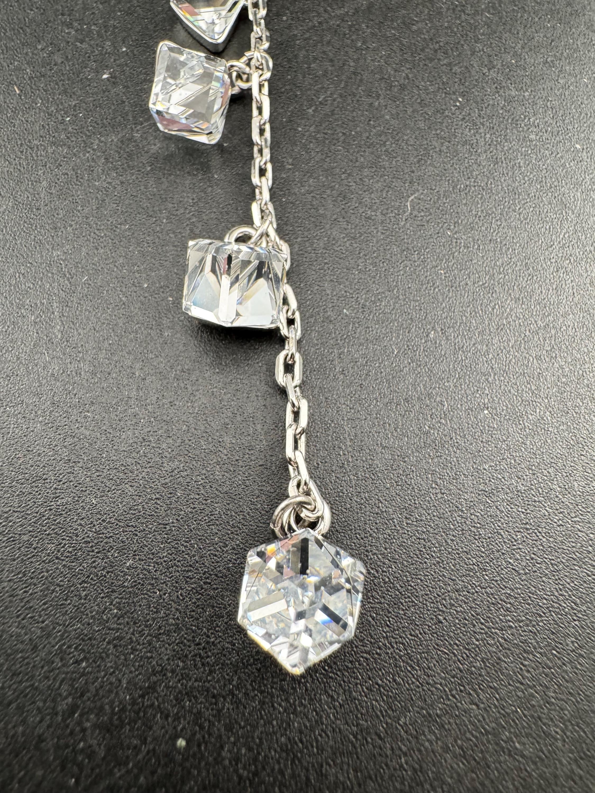 Signed swan Swarovski long rhodium plated crystal cube lariat drop necklace