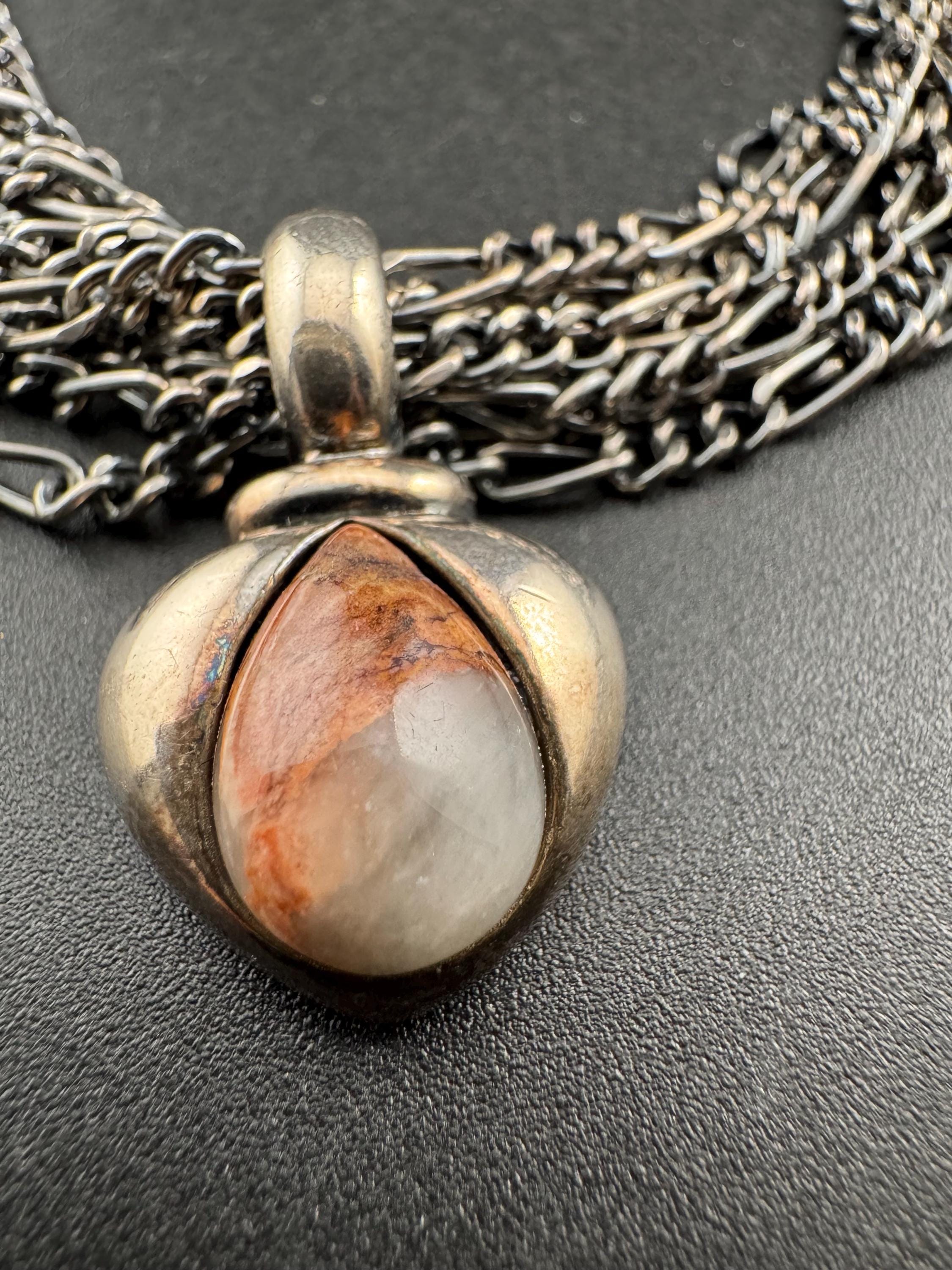 Signed David Grau silver Multistrand figaro choker necklace with gemstone pendant