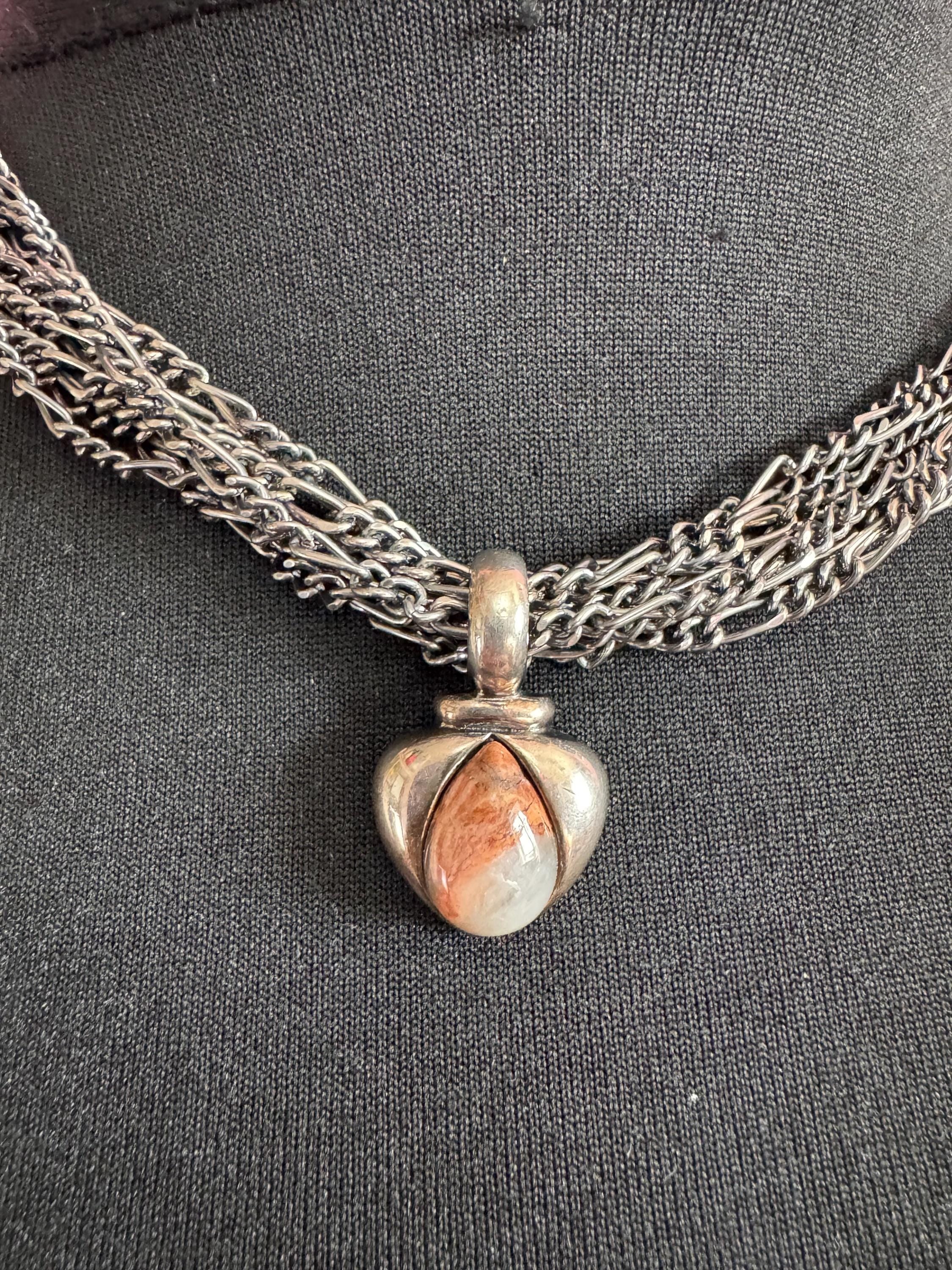 Signed David Grau silver Multistrand figaro choker necklace with gemstone pendant