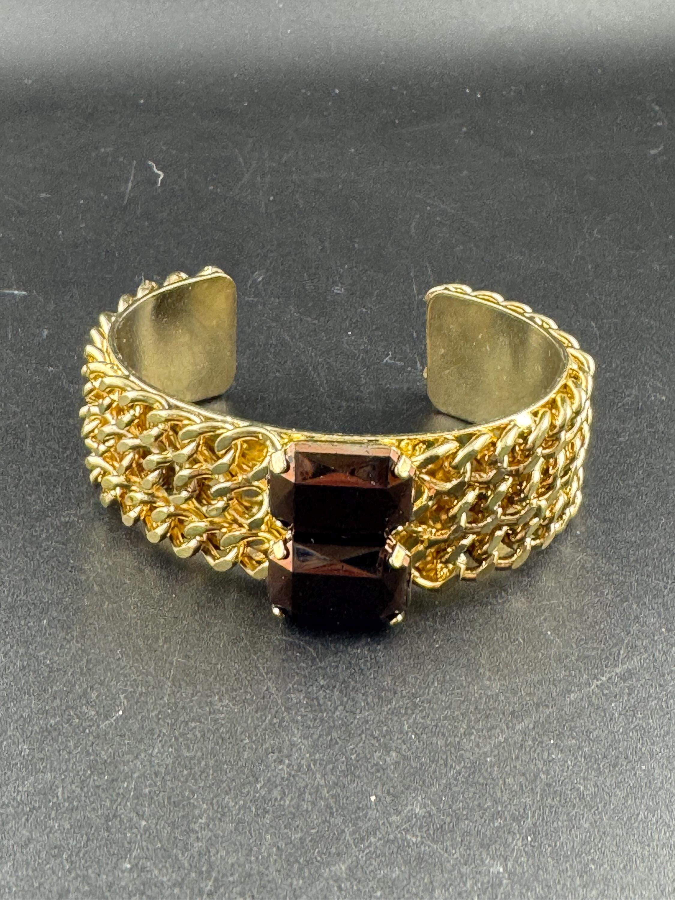 Wide curb chain link bangle with brown acrylic rhinestones, gold tone cuff bracelet