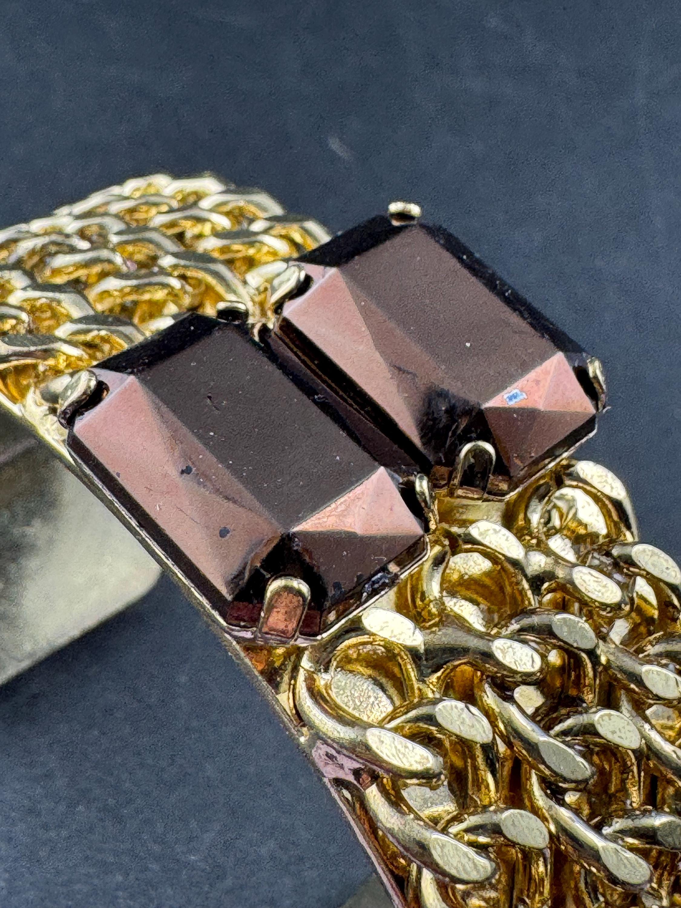 Wide curb chain link bangle with brown acrylic rhinestones, gold tone cuff bracelet