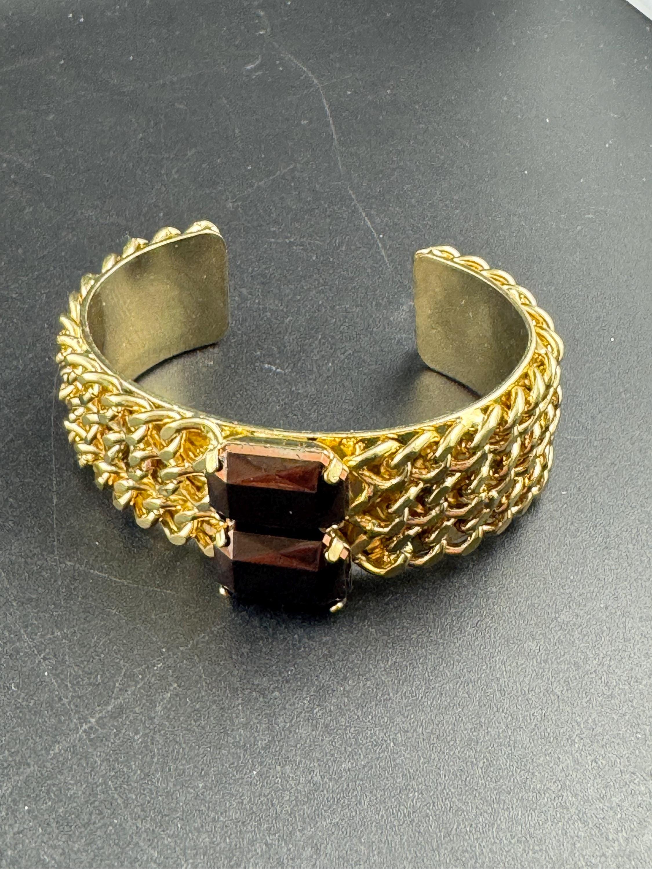 Wide curb chain link bangle with brown acrylic rhinestones, gold tone cuff bracelet