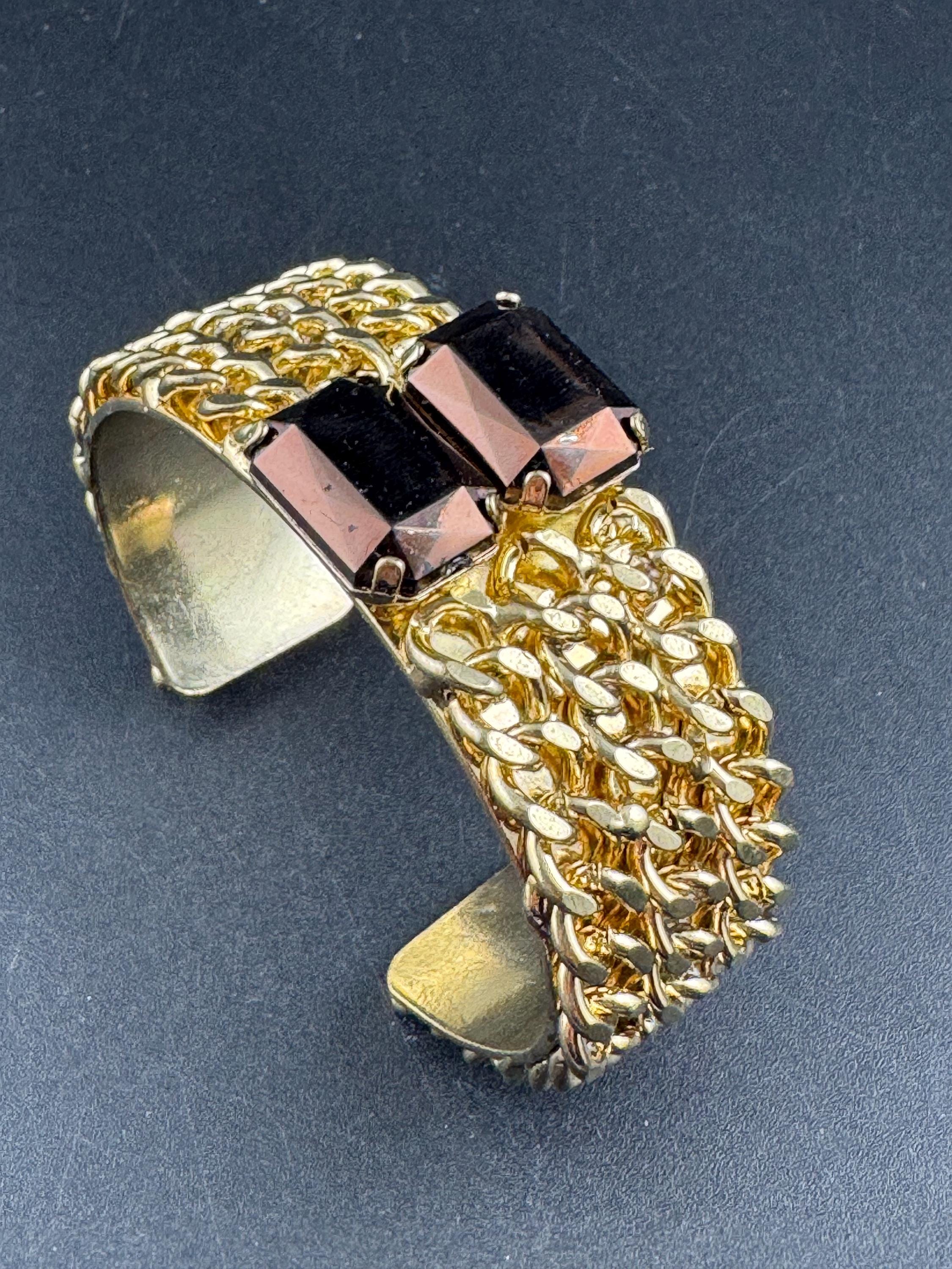 Wide curb chain link bangle with brown acrylic rhinestones, gold tone cuff bracelet