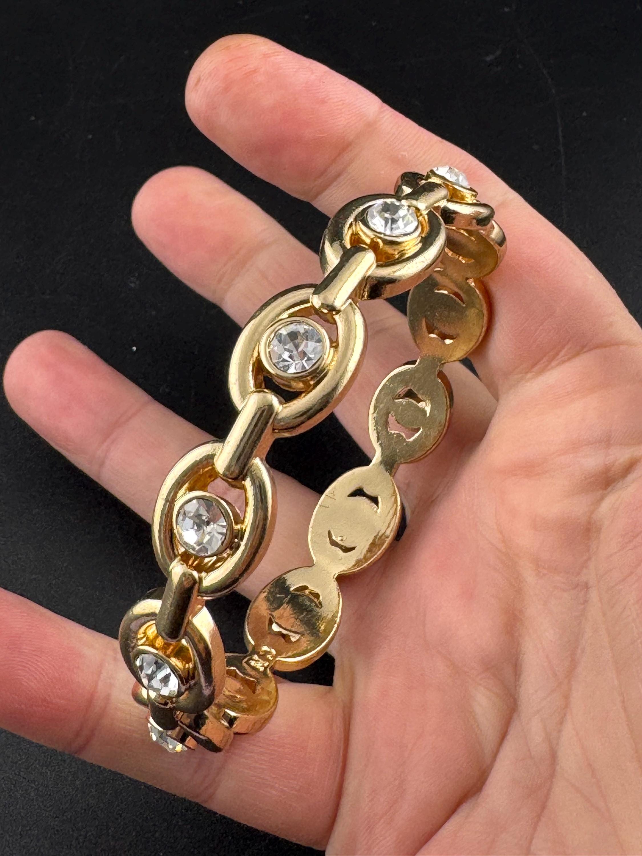 Fixed chain link bangle with clear diamanté , gold tone bracelet