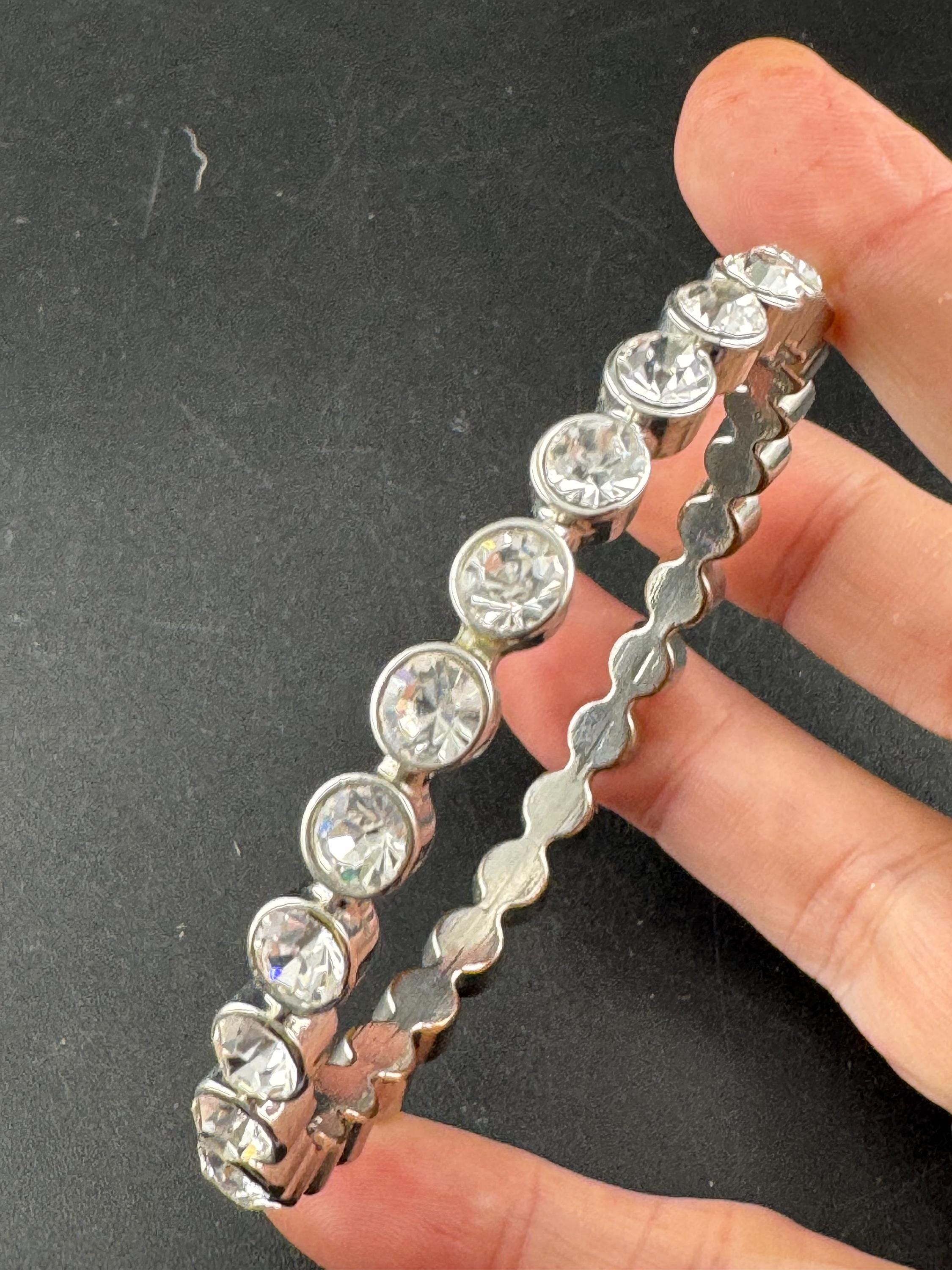 Fixed bezel link bangle with clear diamanté , silver tone bracelet