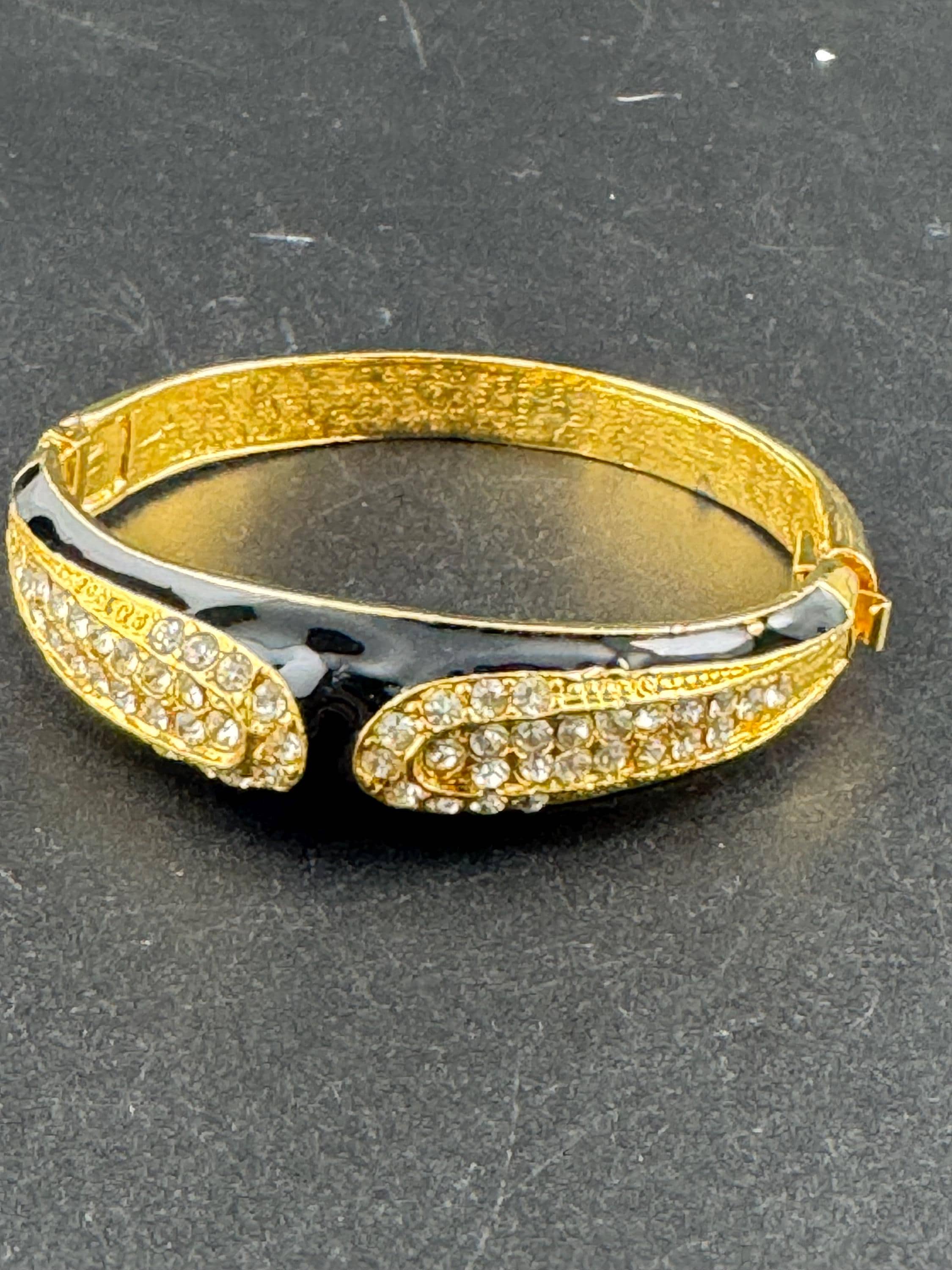 Slim wrist petite fit Black enamel and clear diamanté hinged clamper bangle