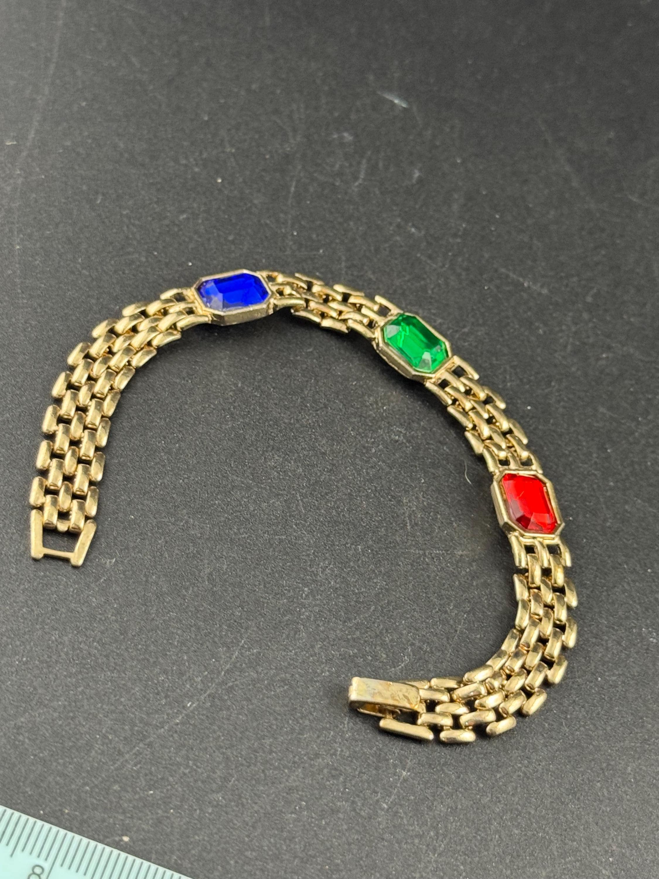 Gold Tone Panther Link Bracelet, Red Green Blue Diamanté, 19cm