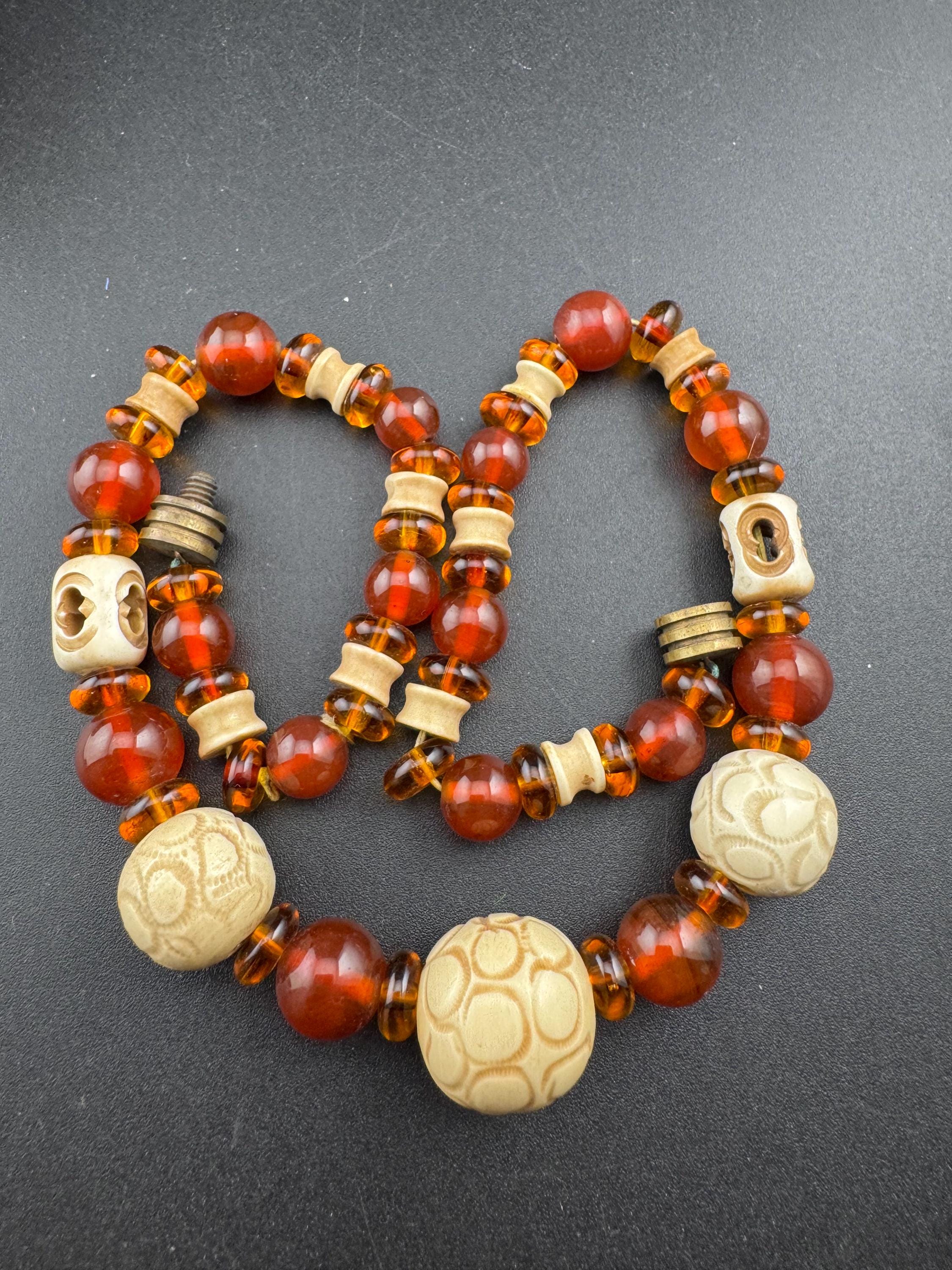 antique Louis rousselet brown cream beaded collar necklace , uv reactive