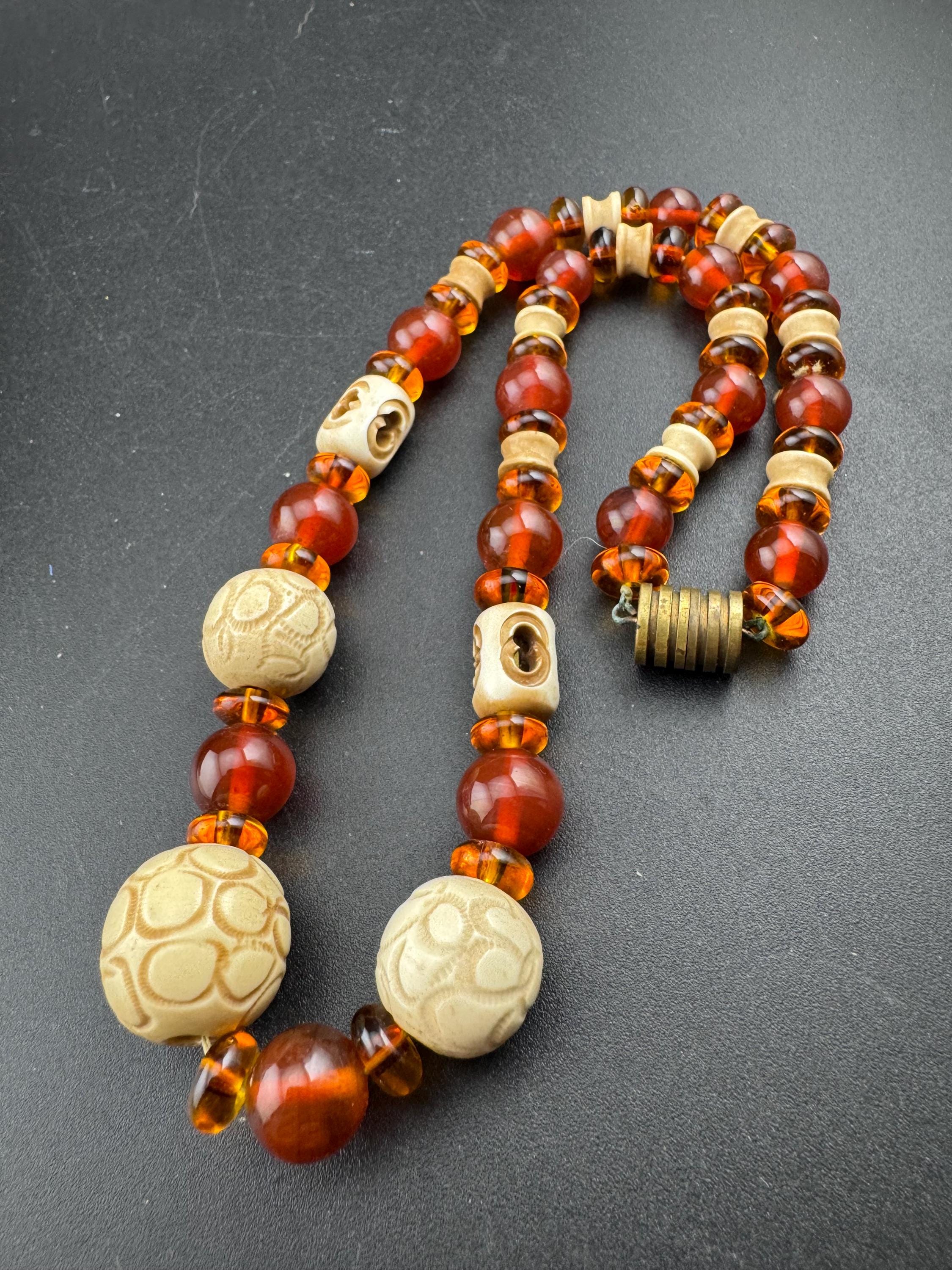 antique Louis rousselet brown cream beaded collar necklace , uv reactive