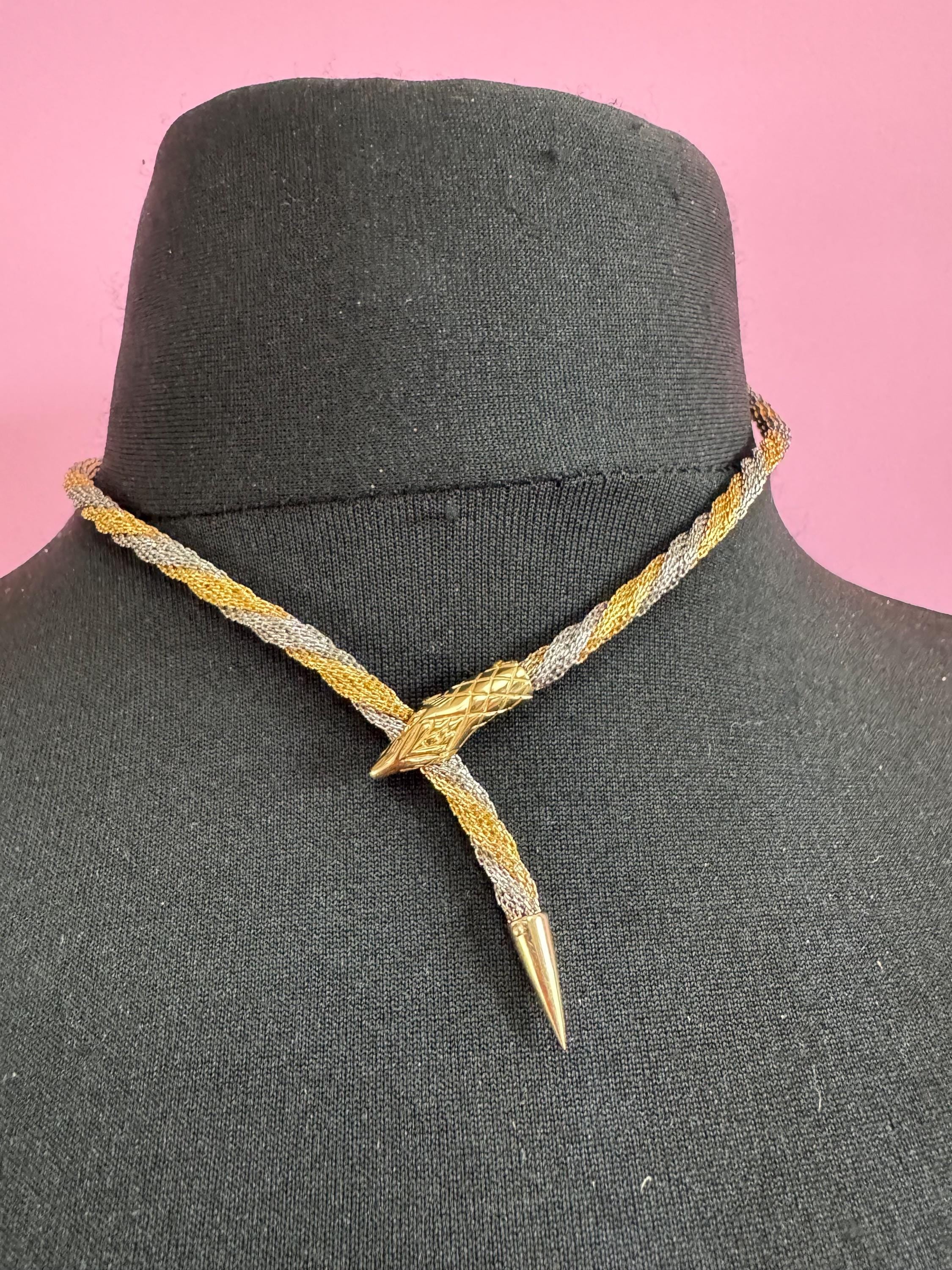 Vintage snake choker necklace, silver and gold tone twisted metal