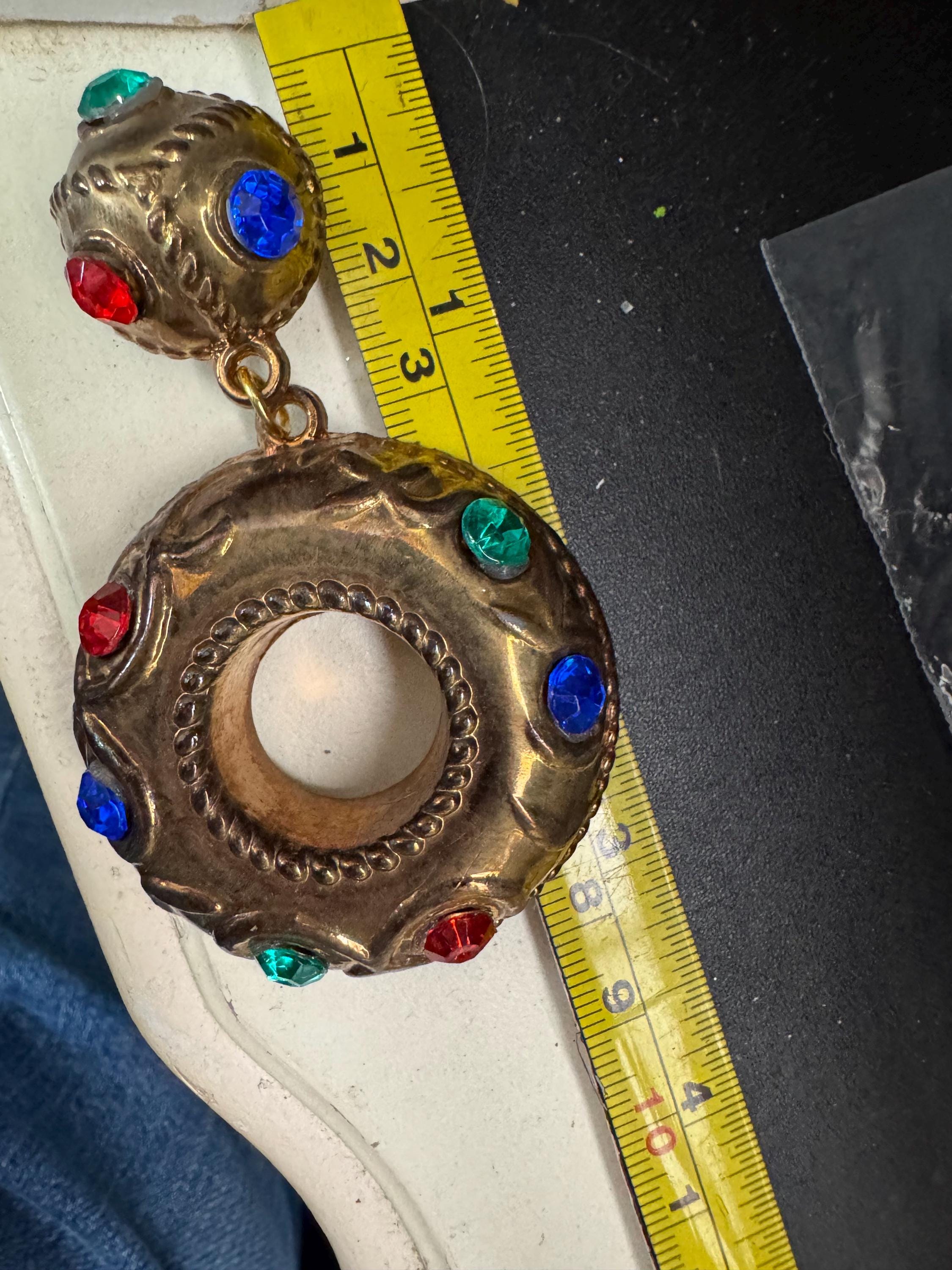 oversized copper hoop clip on earrings, red blue green rhinestones