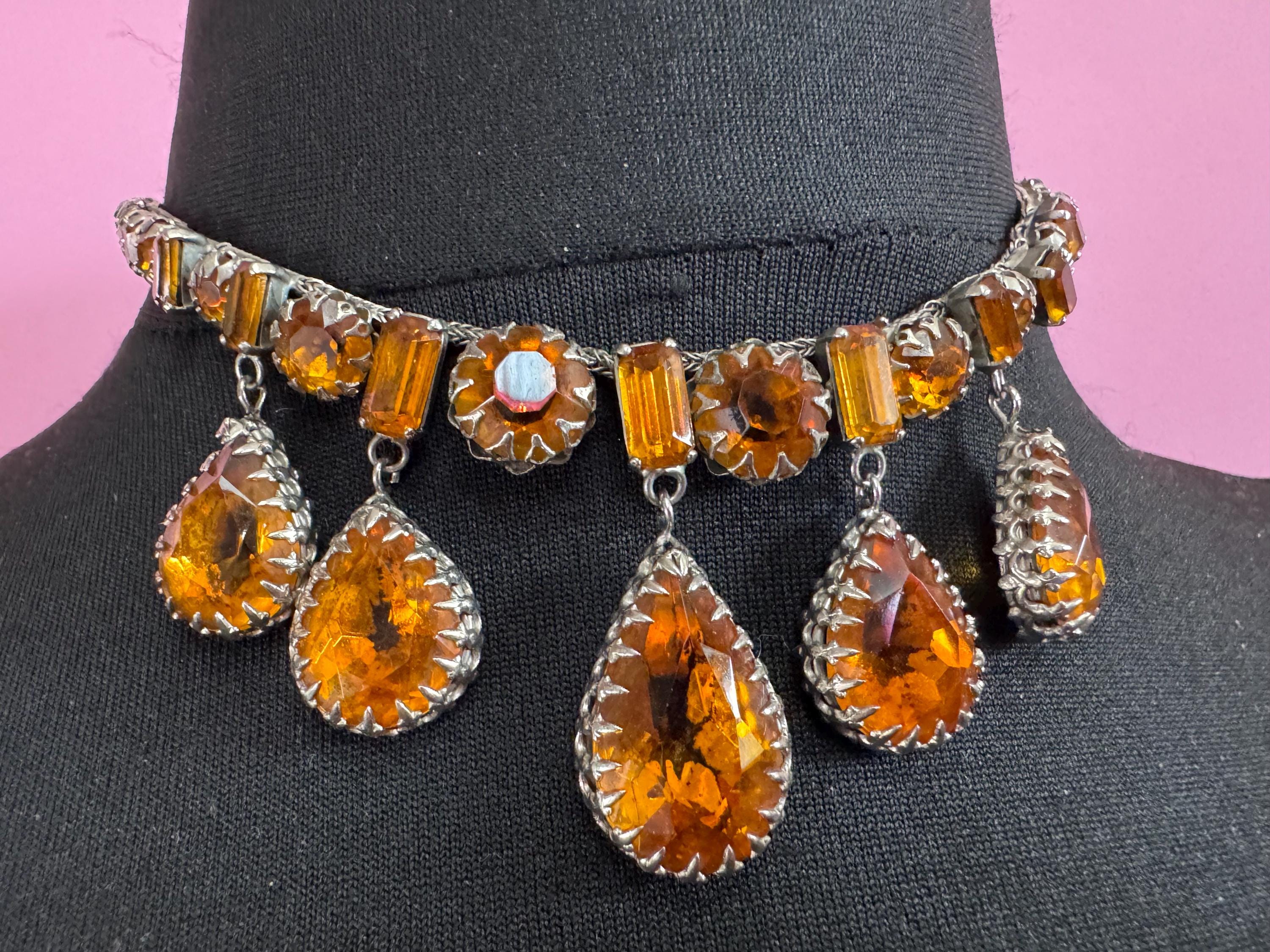 vintage 1940s Austrian citrine rhinestone drop bib necklace , prong set foil backed
