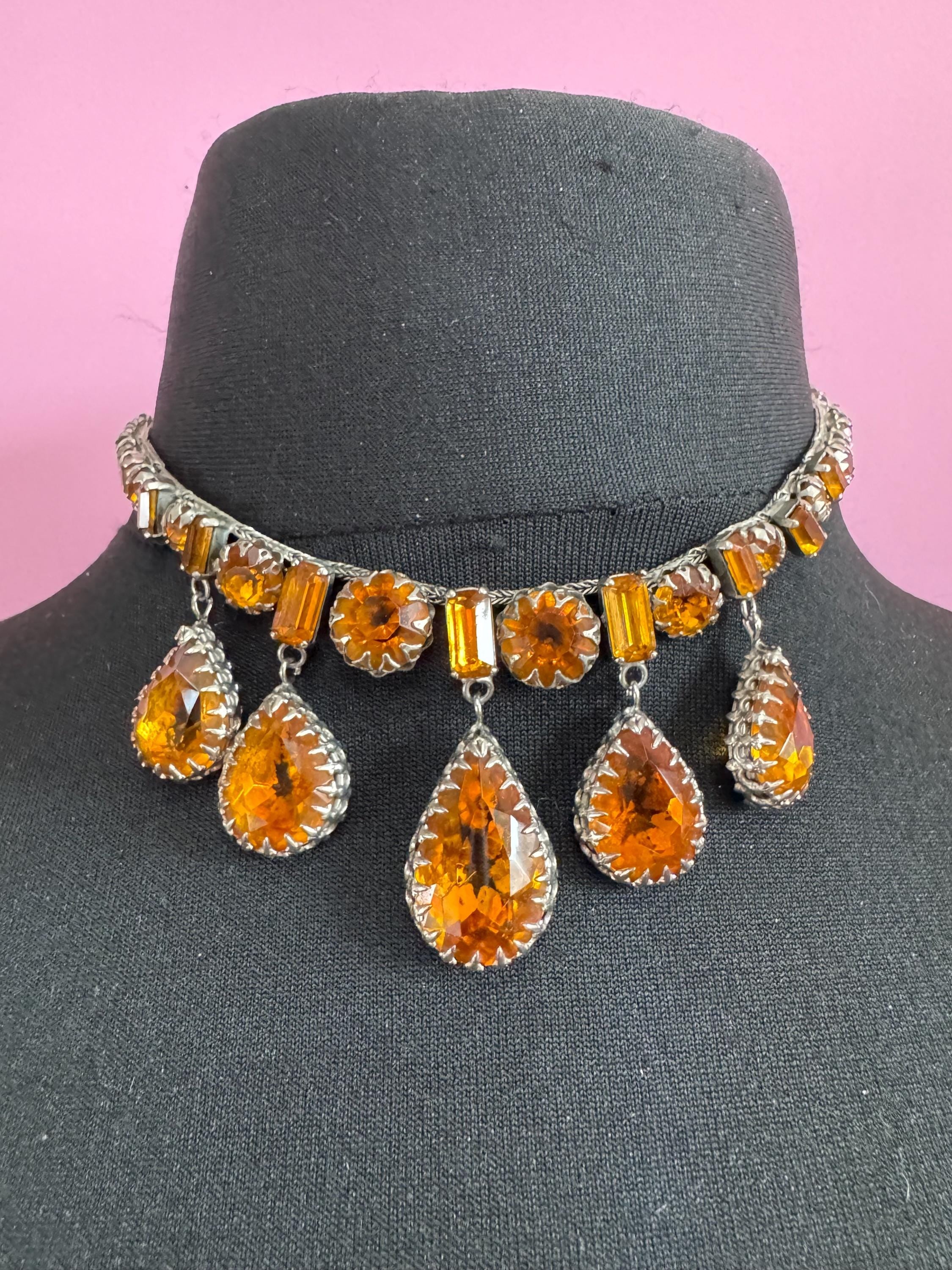 vintage 1940s Austrian citrine rhinestone drop bib necklace , prong set foil backed