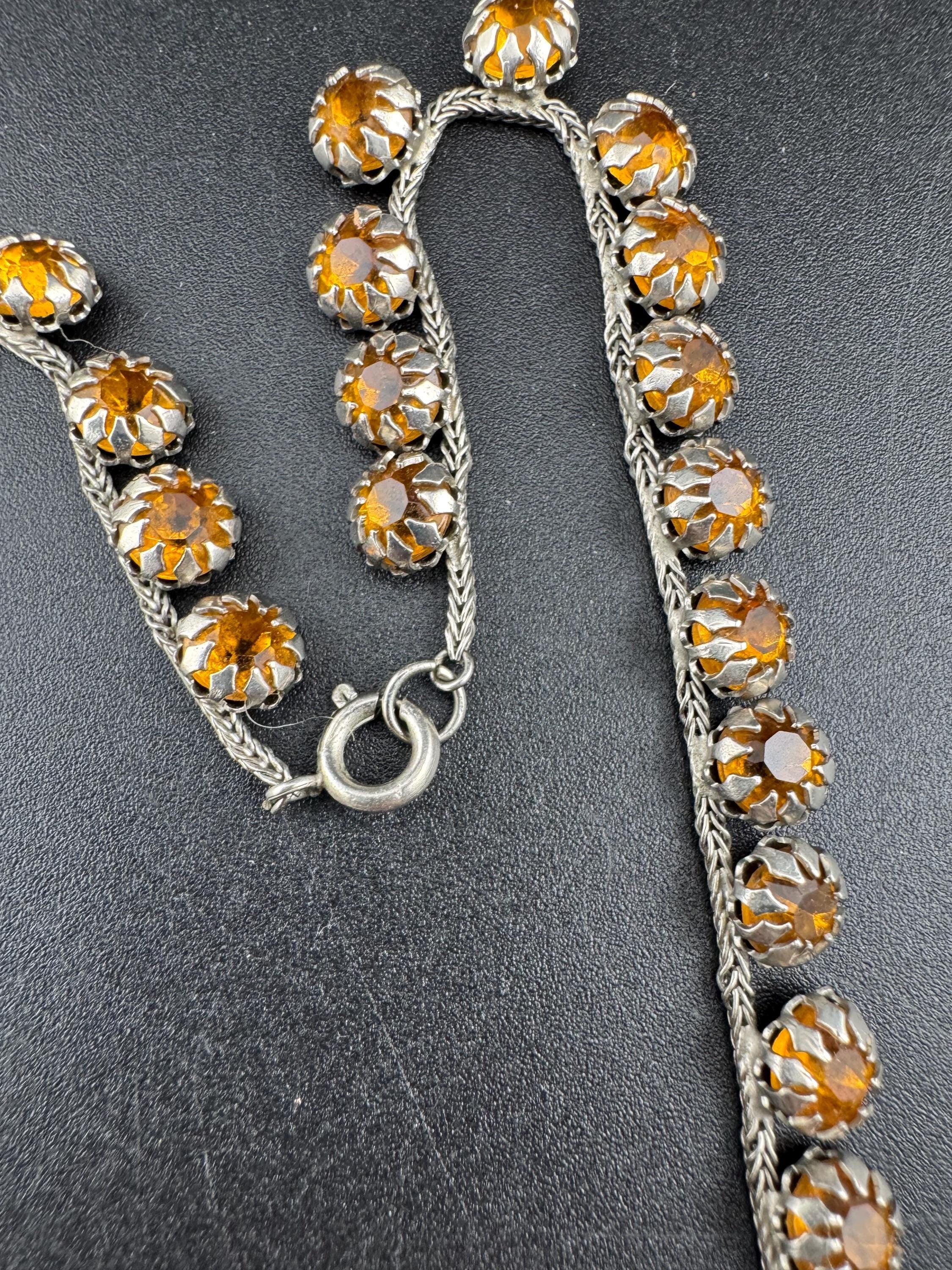 vintage 1940s Austrian citrine rhinestone drop bib necklace , prong set foil backed