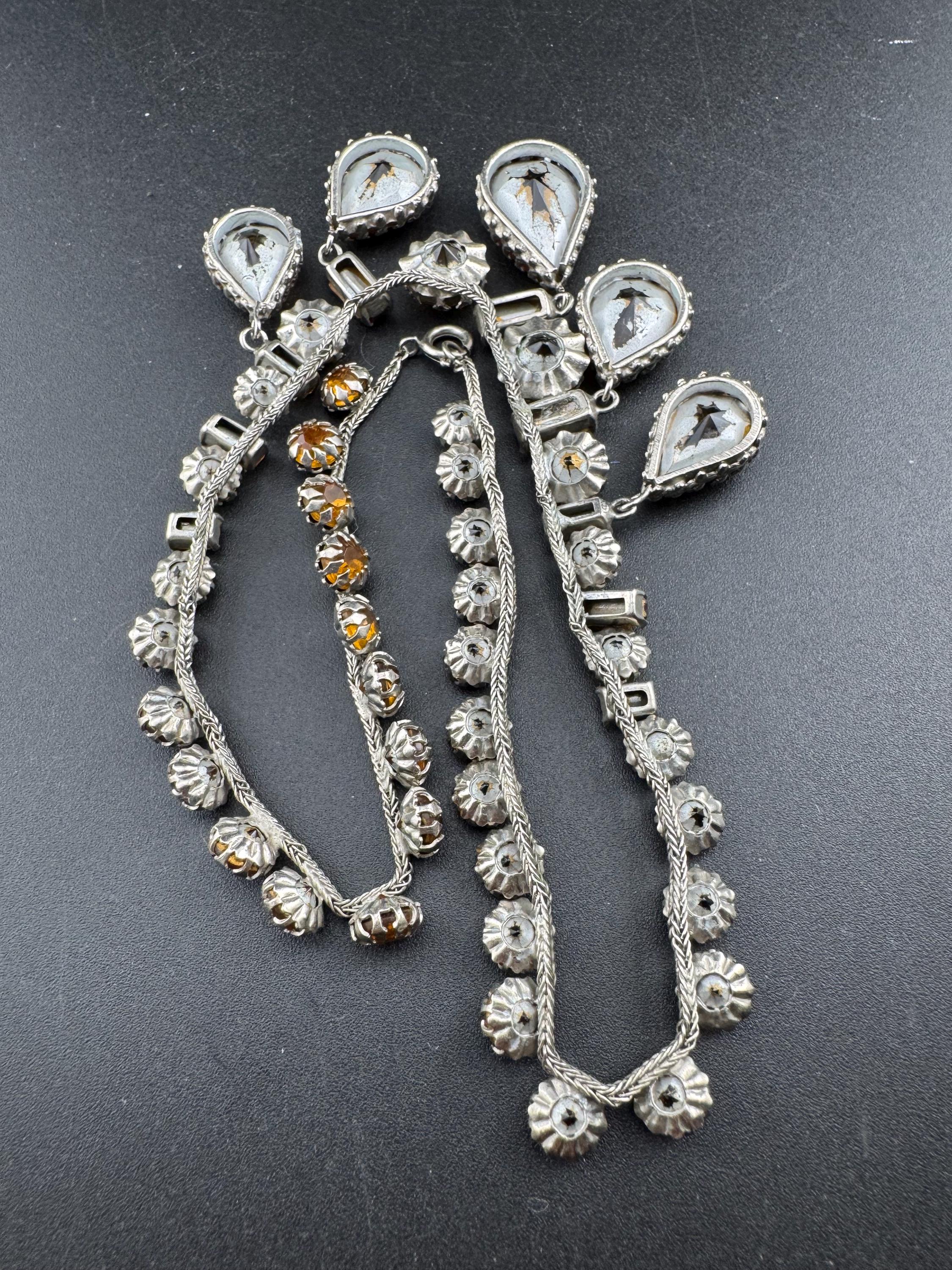 vintage 1940s Austrian citrine rhinestone drop bib necklace , prong set foil backed