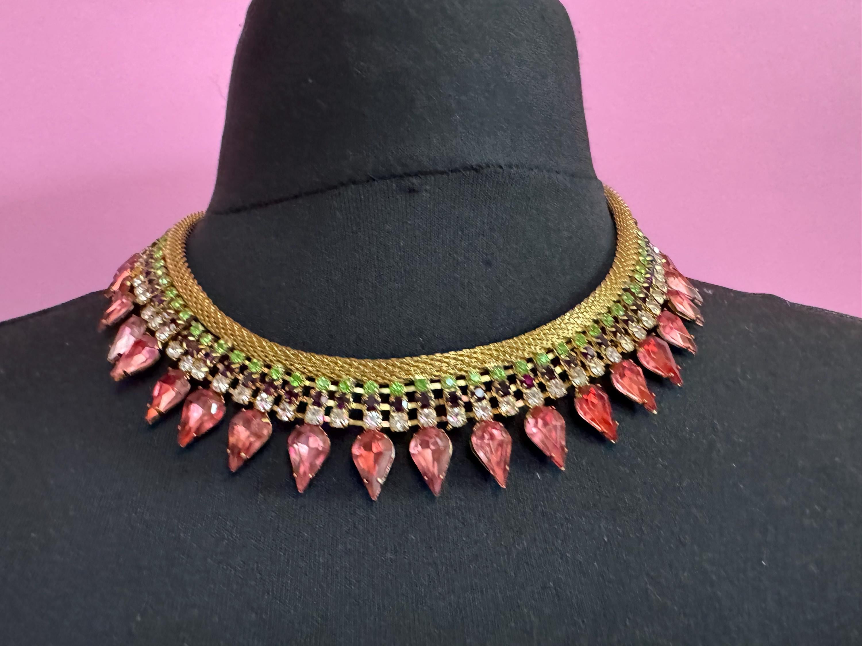 Gold mesh Pink green diamanté rhinestone choker necklace, Vintage gold tone