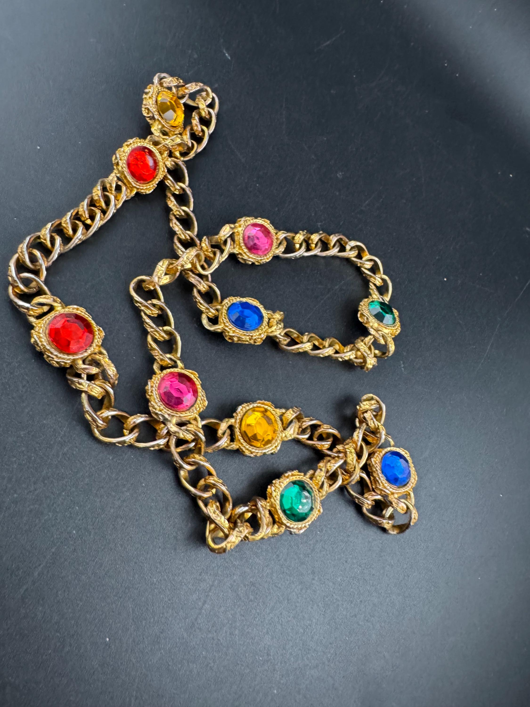 Vintage coloured rhinestone pink red blue green long curb chain station necklace 80cm