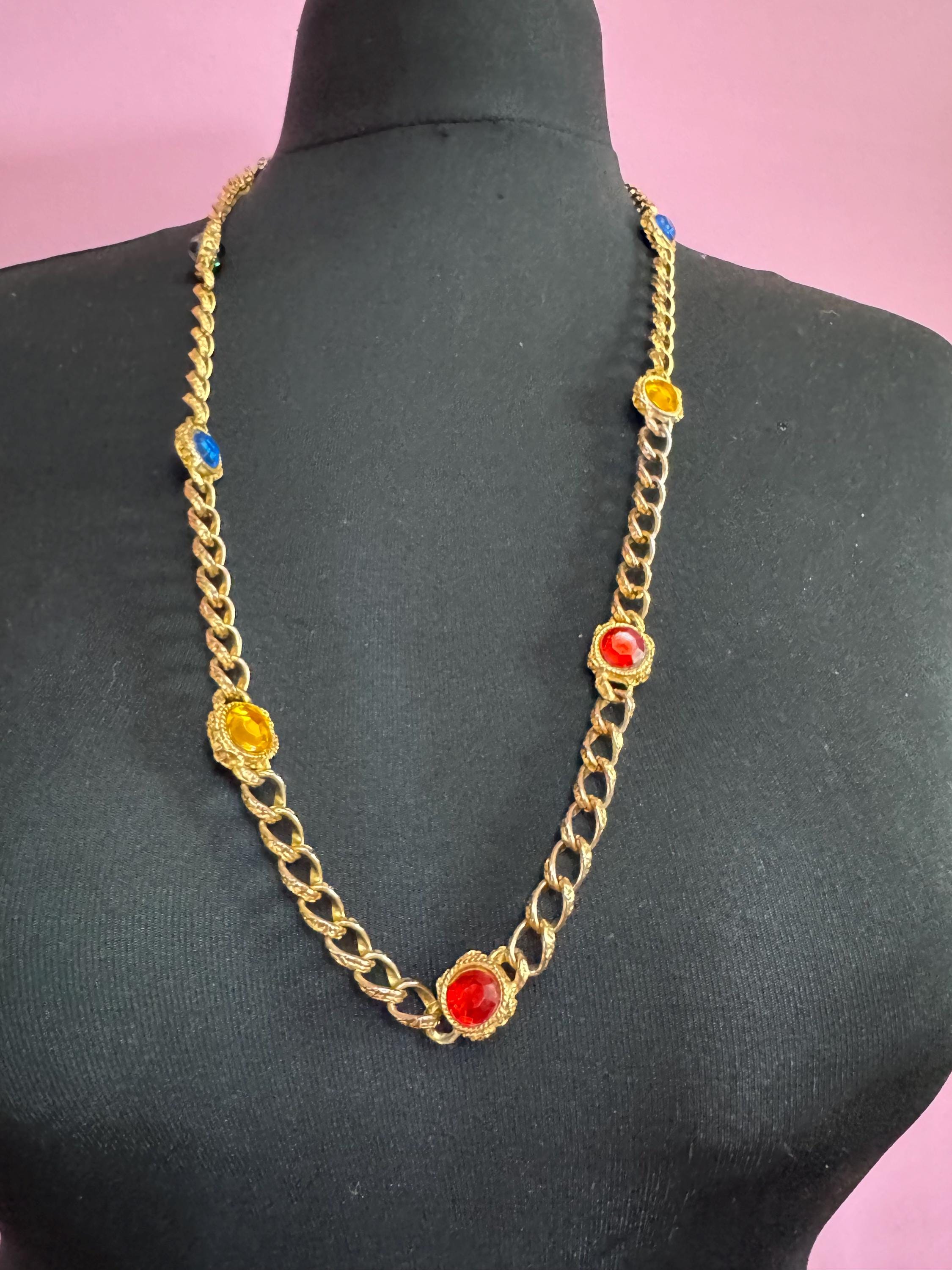 Vintage coloured rhinestone pink red blue green long curb chain station necklace 80cm