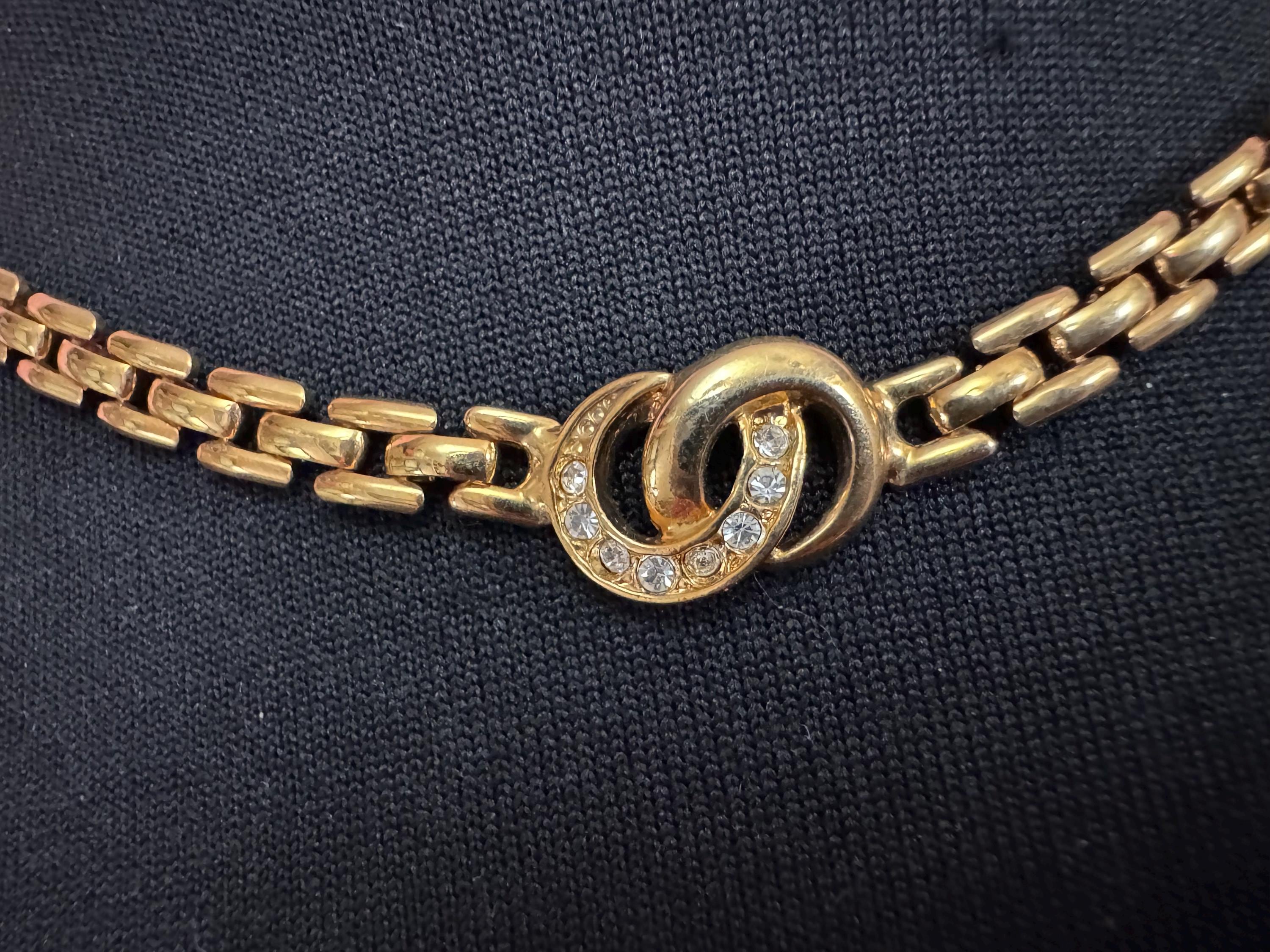 44cm panther link crystal diamanté gold tone choker necklace, brick chain, Retro 1980s