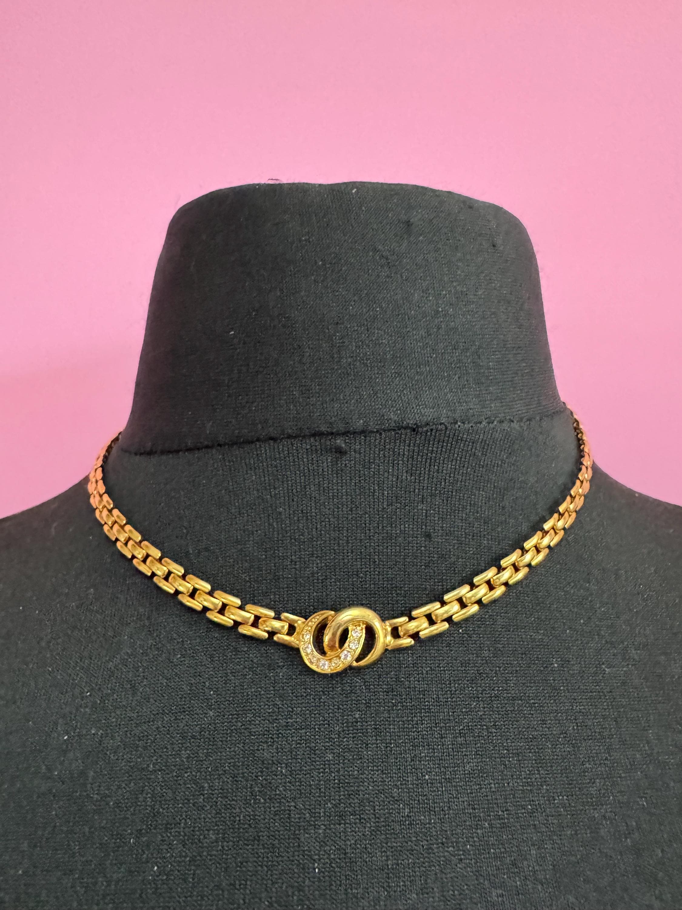 44cm panther link crystal diamanté gold tone choker necklace, brick chain, Retro 1980s
