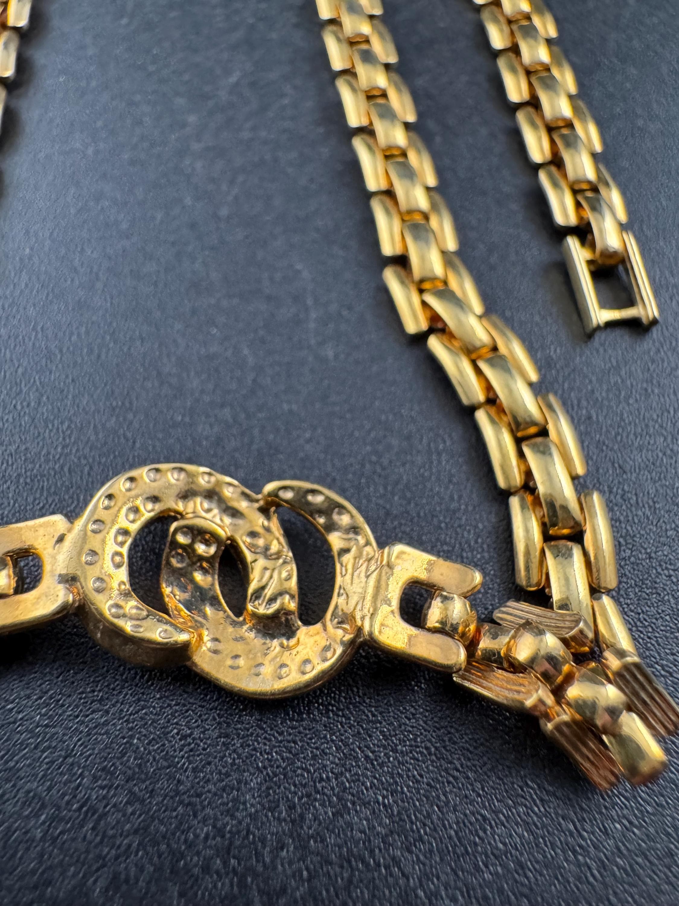 44cm panther link crystal diamanté gold tone choker necklace, brick chain, Retro 1980s