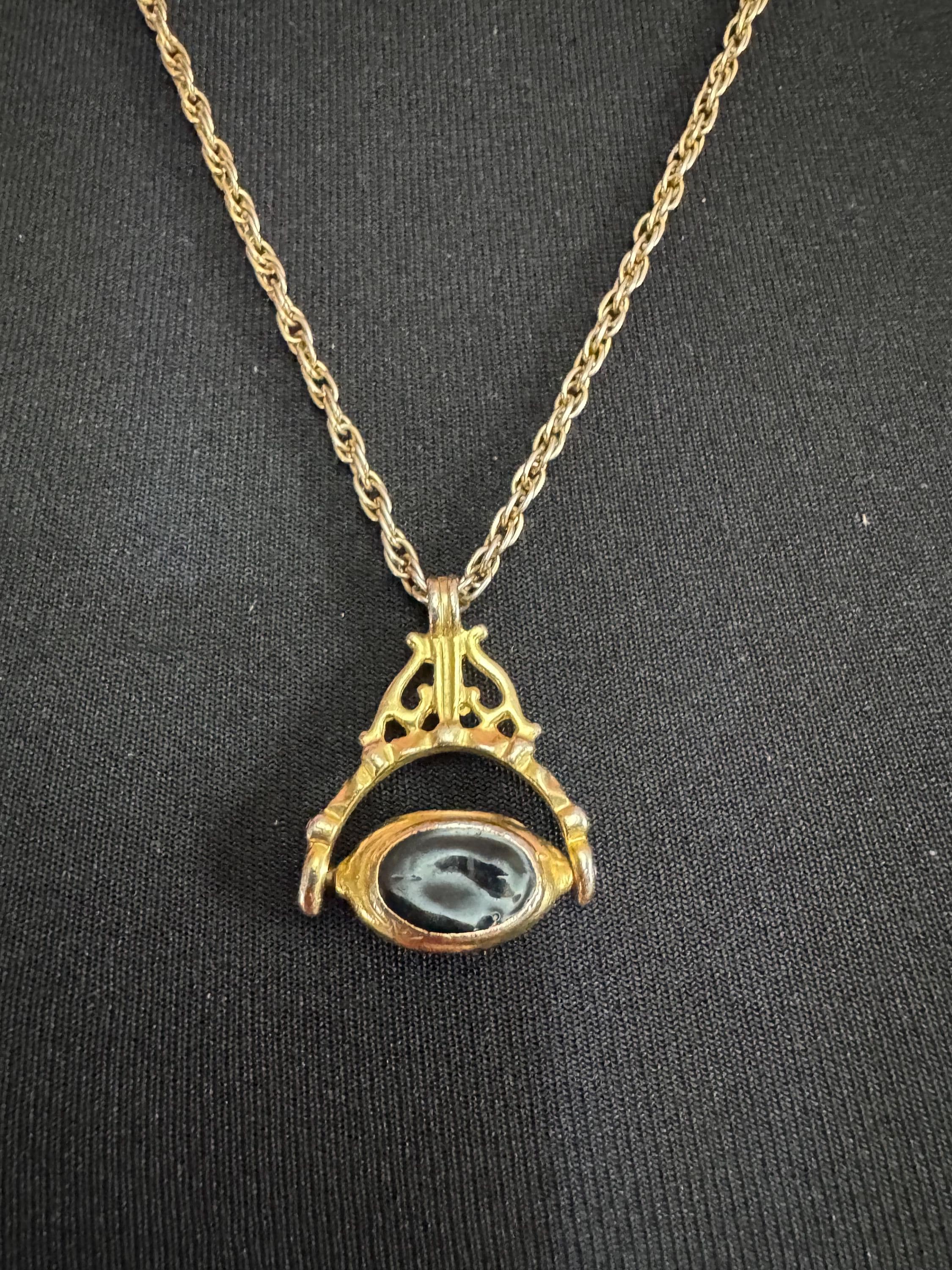 Retro antique style 3 face black spinner key fob charm pendant long chain necklace