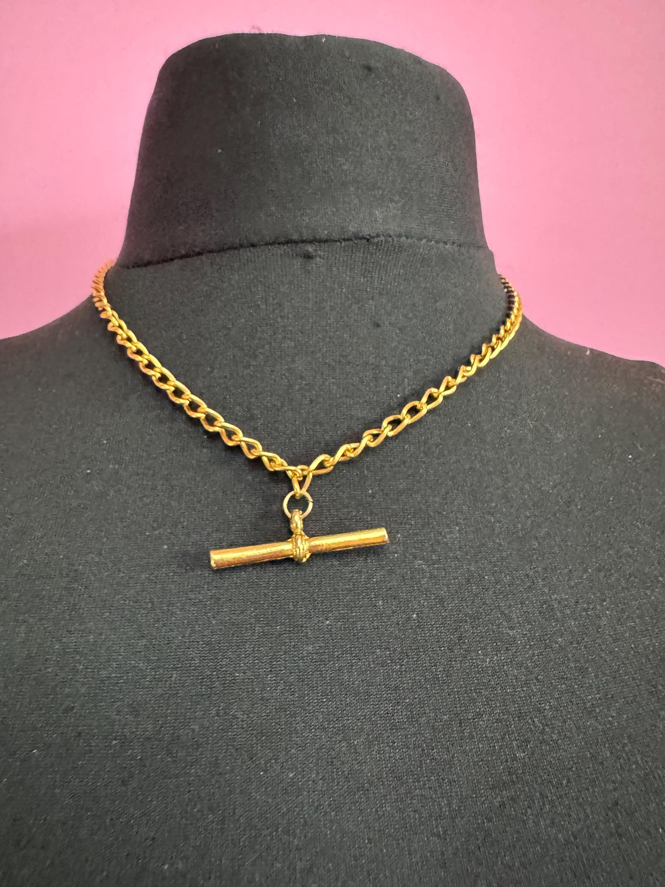 retro Victorian style gold curb chain T Bar watch chain necklace