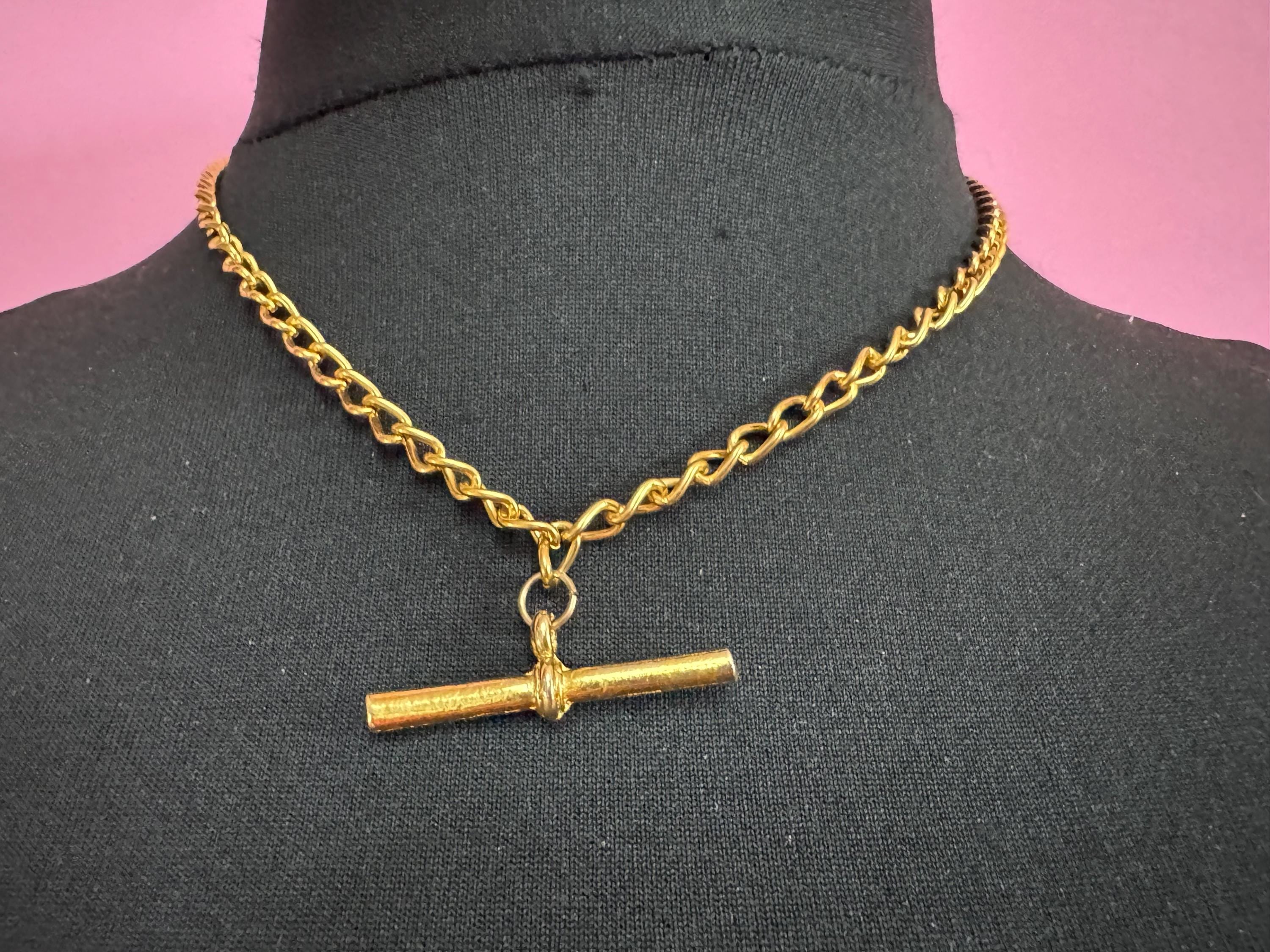 retro Victorian style gold curb chain T Bar watch chain necklace